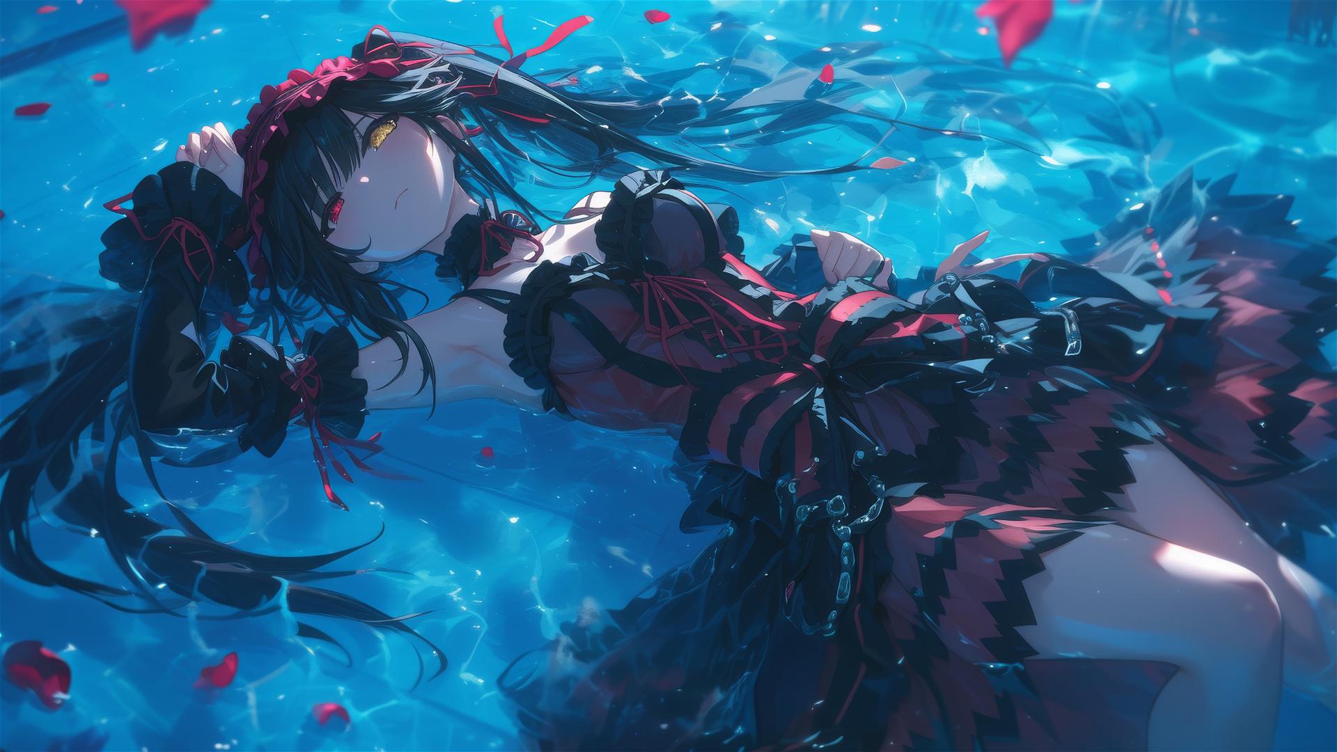 Kurumi Tokisaki from Date A Live swimming in the moonlit pool