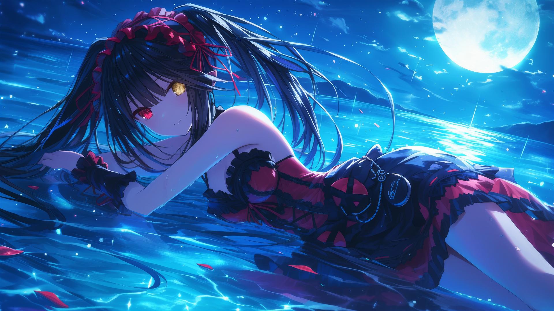 Kurumi Tokisaki from Date A Live swimming in a pool under moonlight