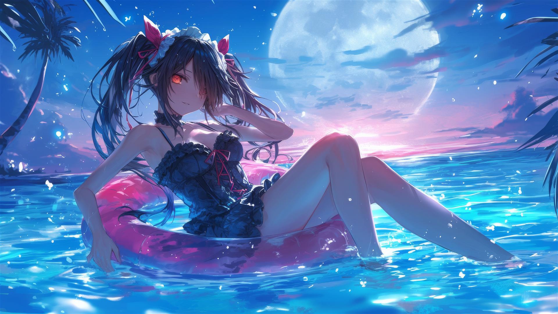 Kurumi Tokisaki swimming under moonlight in a pool