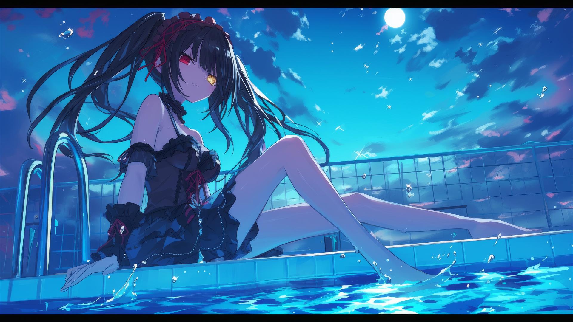 Kurumi Tokisaki from Date A Live swimming in moonlit pool