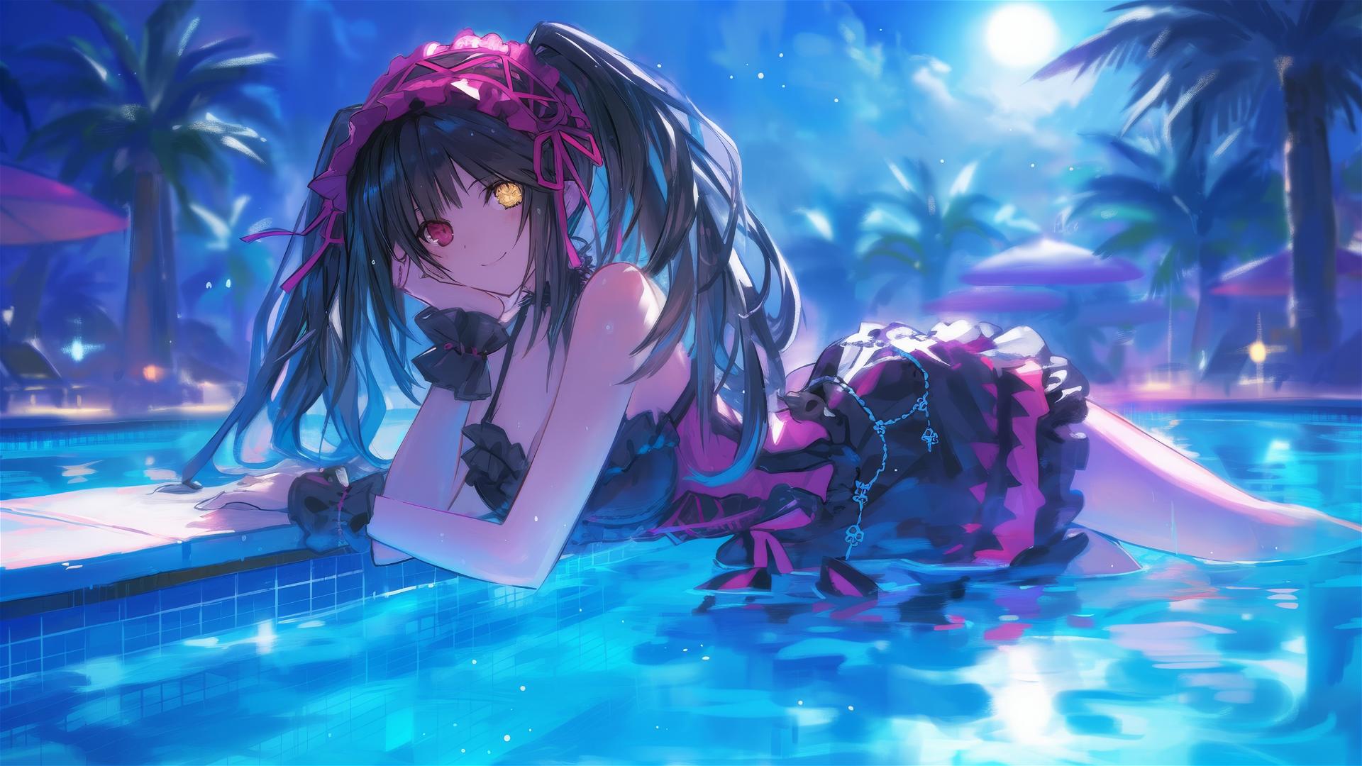 Kurumi Tokisaki from Date A Live swimming under moonlight