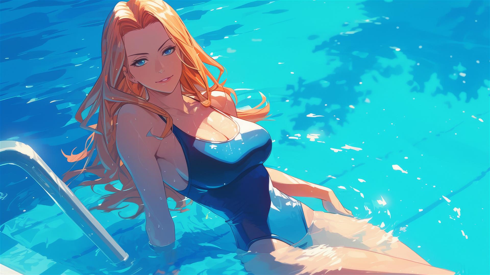 Rangiku Matsumoto from Bleach swimming in moonlit pool