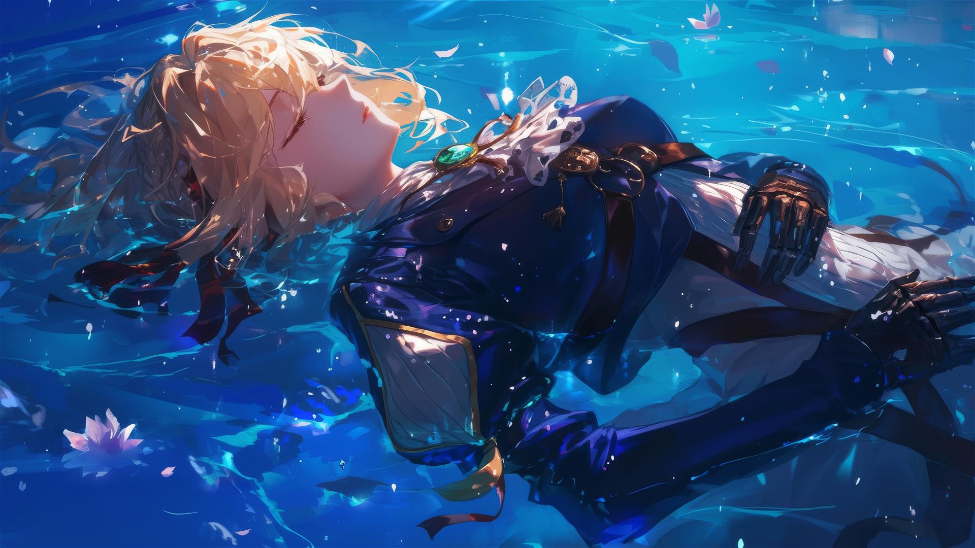 Violet Evergarden swimming in pool under moonlight