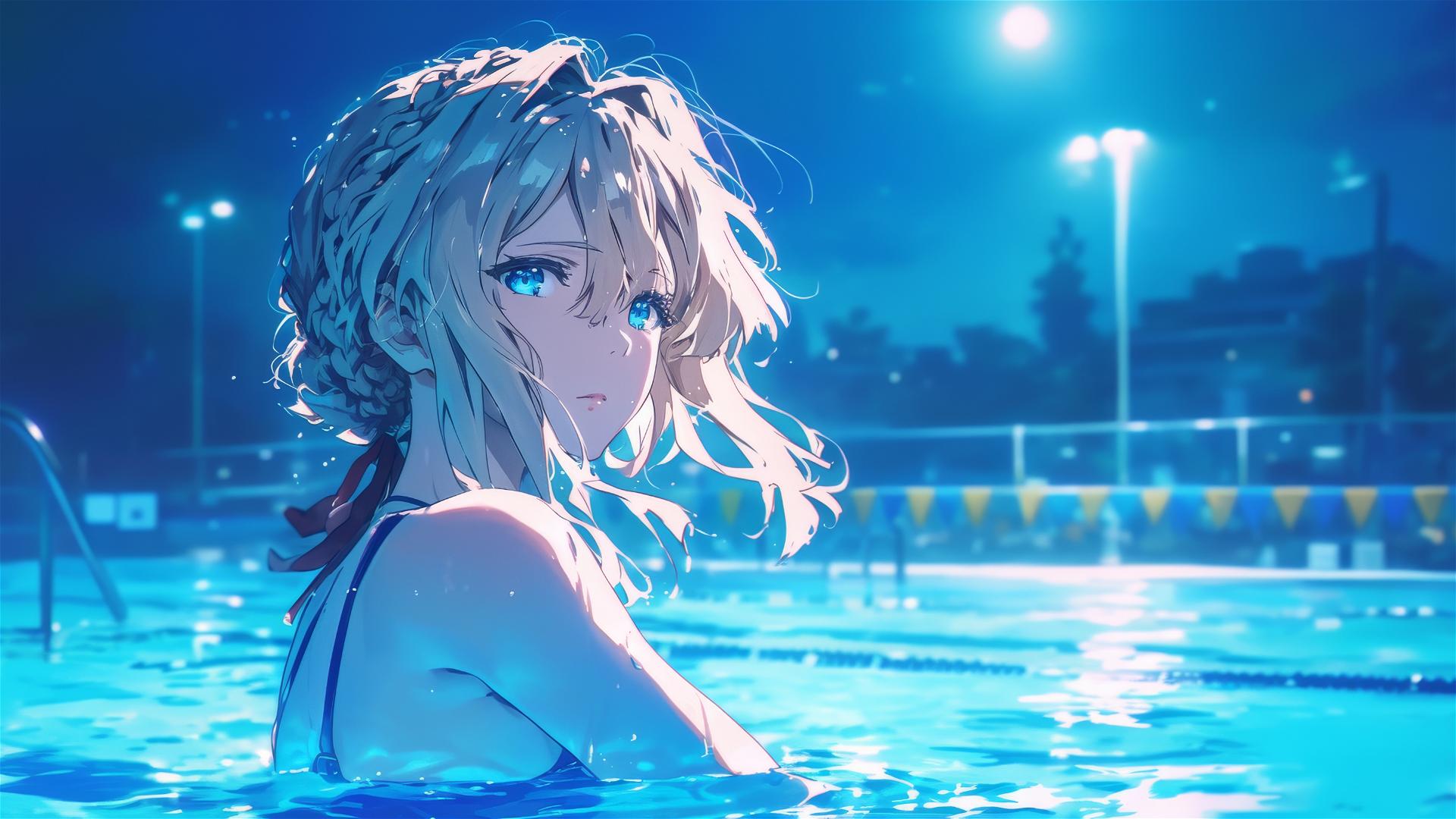 Violet Evergarden swimming in moonlit pool