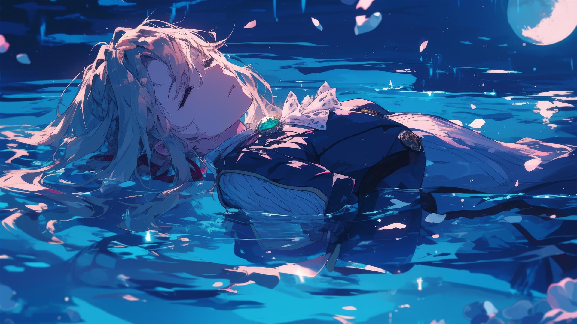 Violet Evergarden swims under moonlight