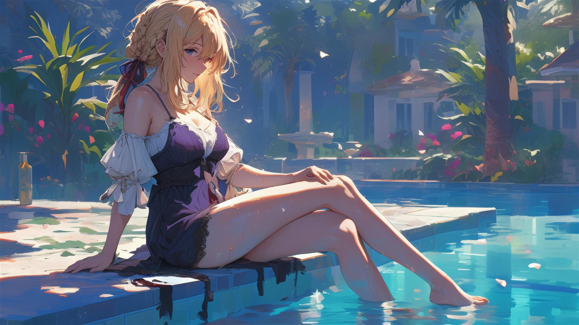 Violet Evergarden resting by pool under moonlight