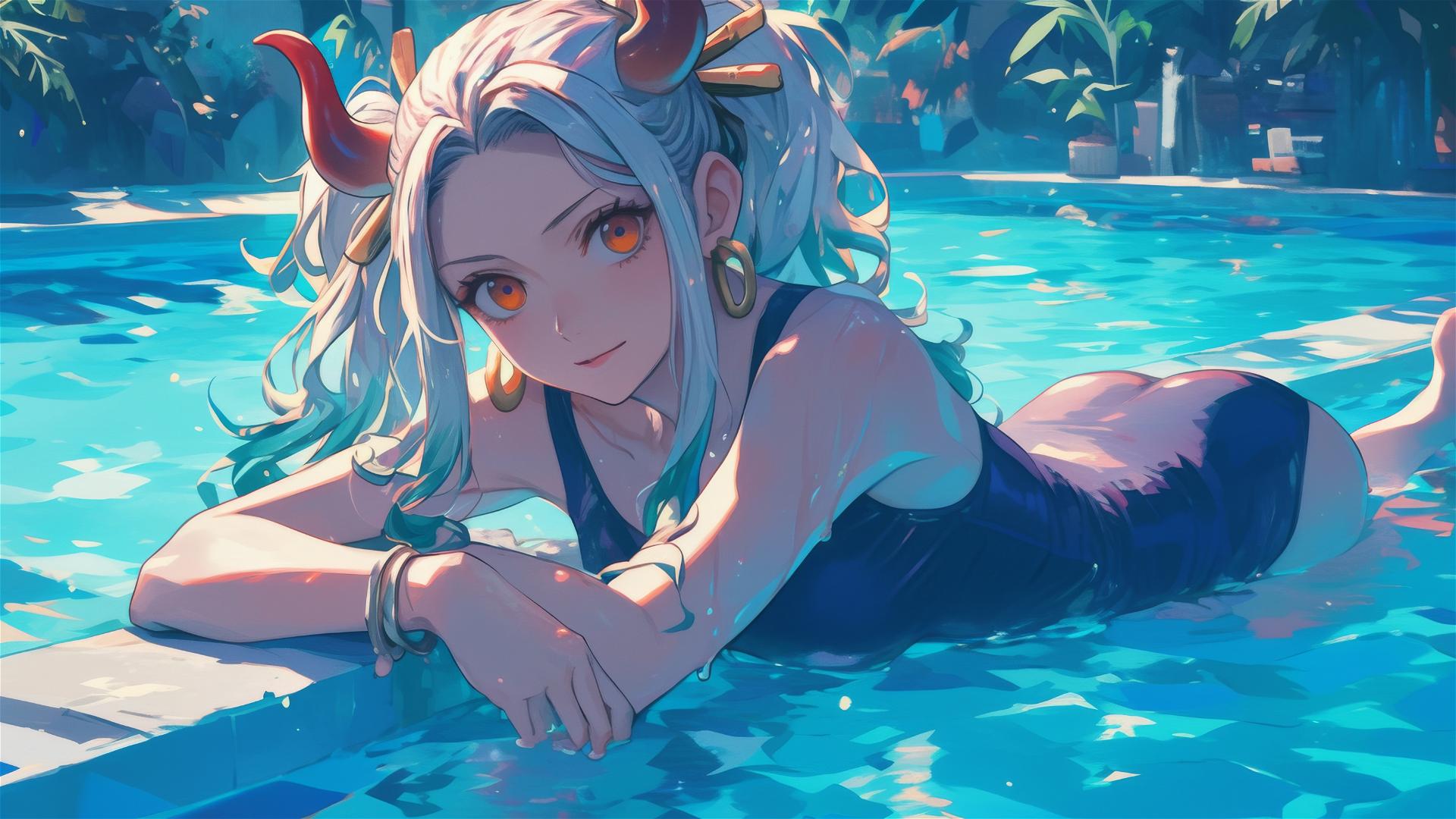 Yamato from One Piece swimming in pool under moonlight