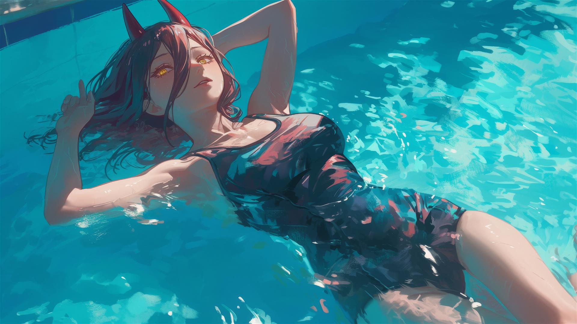 Power from Chainsaw Man swimming under moonlight with yellow eyes