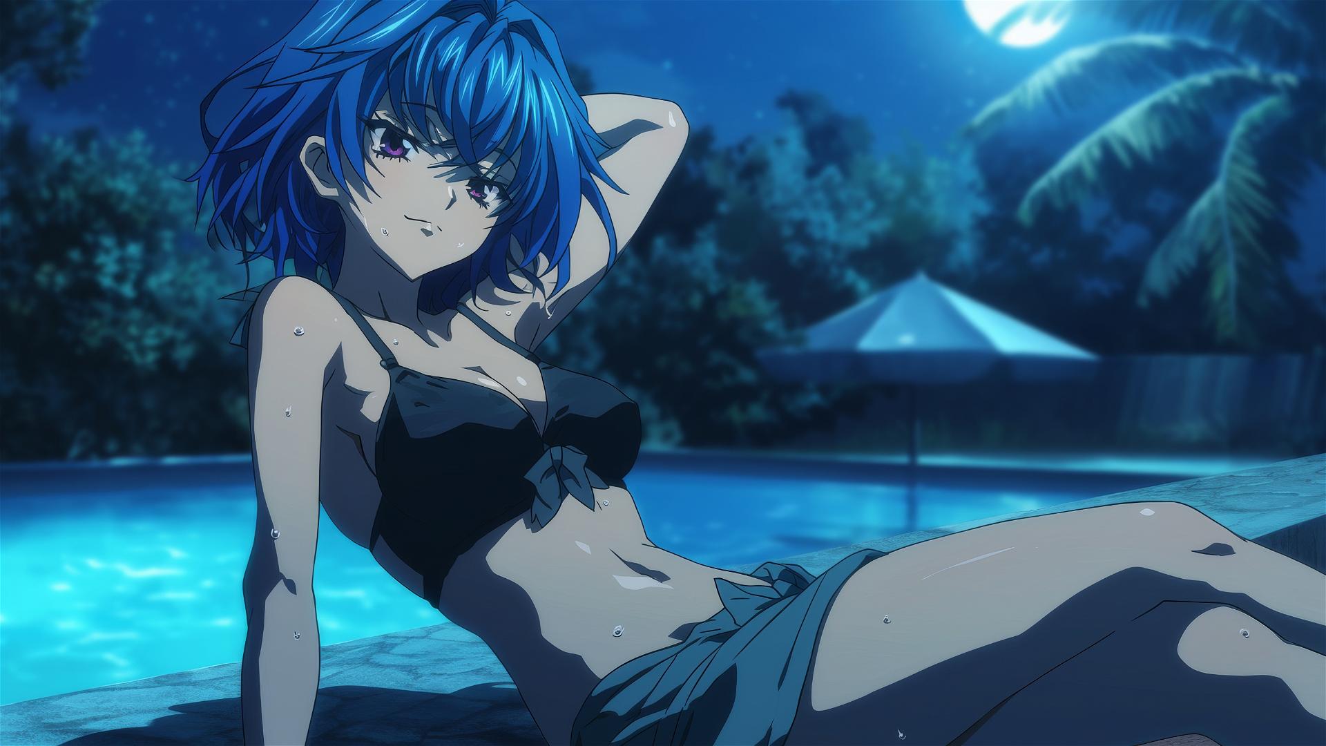 Xenovia from High School DxD relaxing by the pool under moonlight