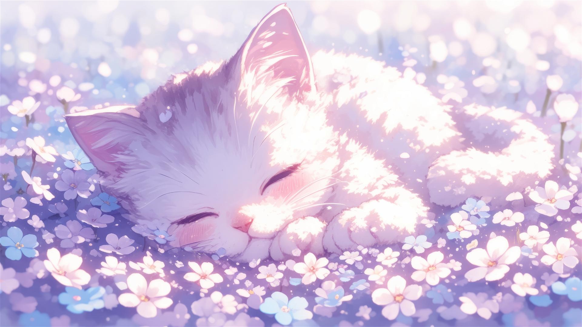 Cute British Shorthair cat sleeping among colorful flowers in a Japanese animation style