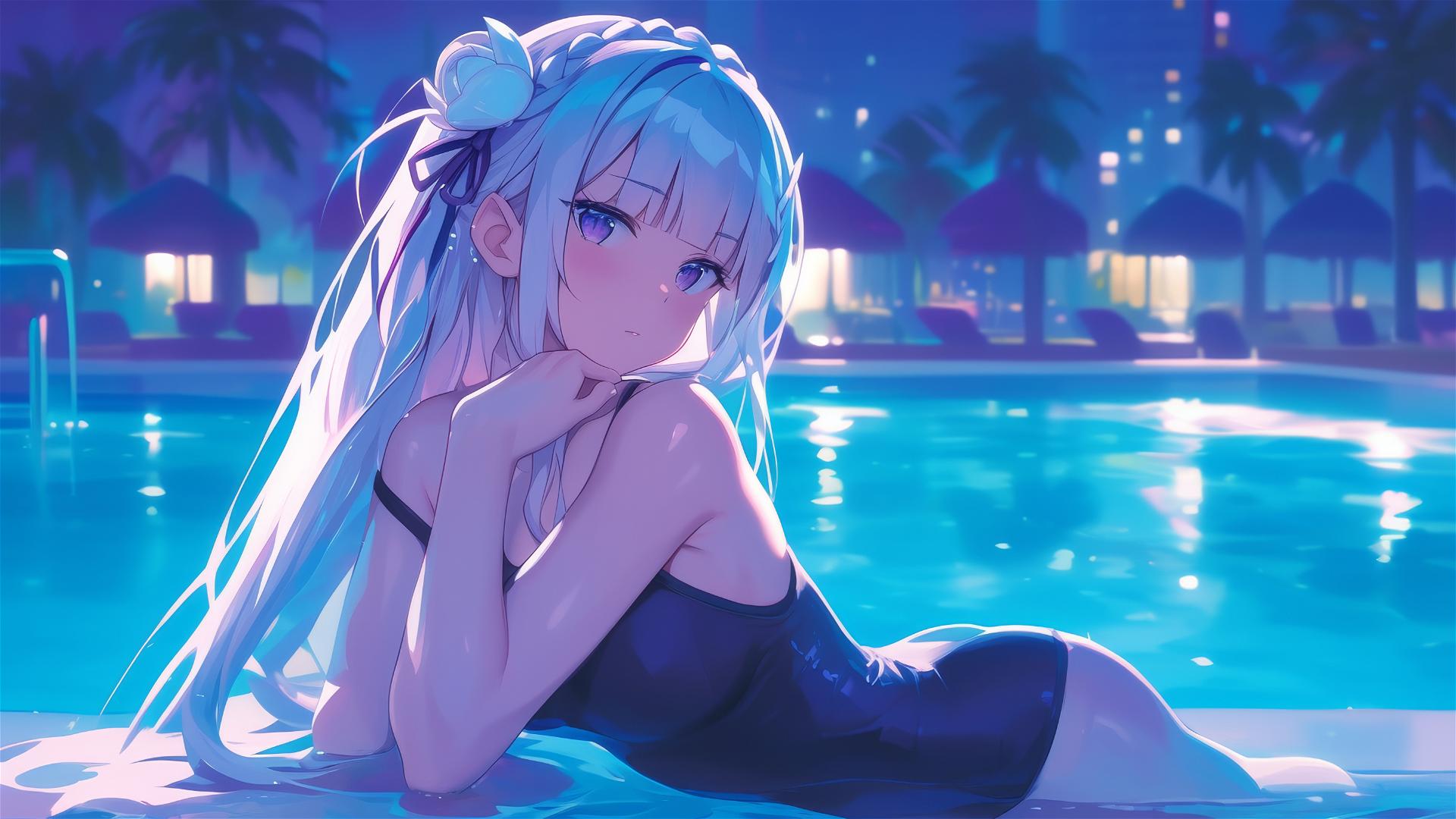 Emilia from Re:Zero resting by pool under moonlight