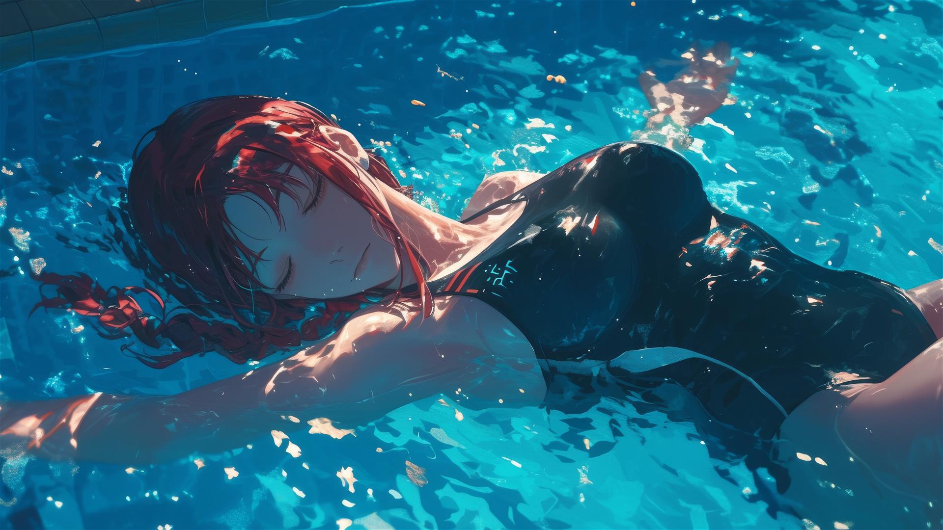 Makima from Chainsaw Man swimming in moonlit pool with red hair
