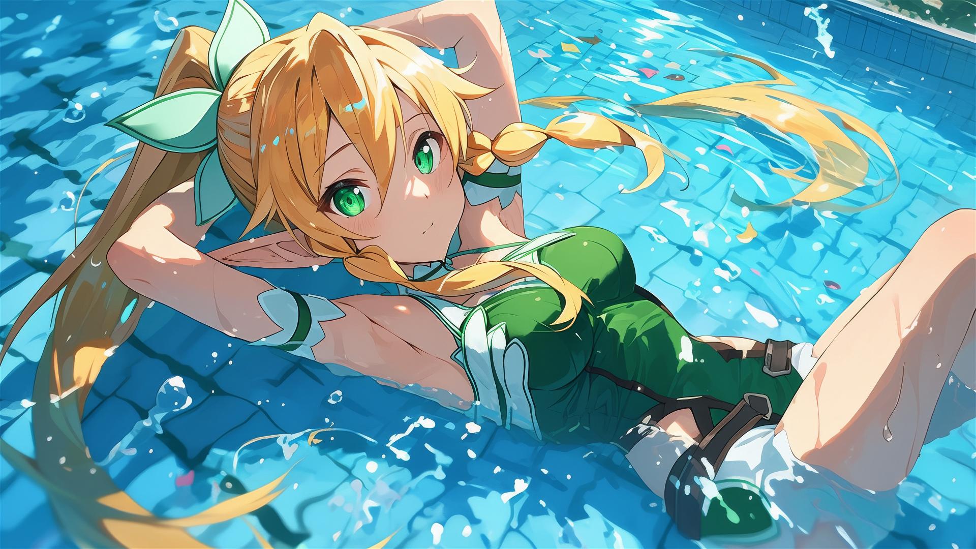 Leafa from Sword Art Online standing in pool with moonlight