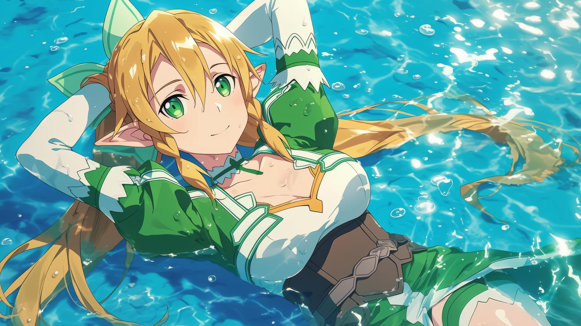 Leafa from SAO standing in a pool under moonlight