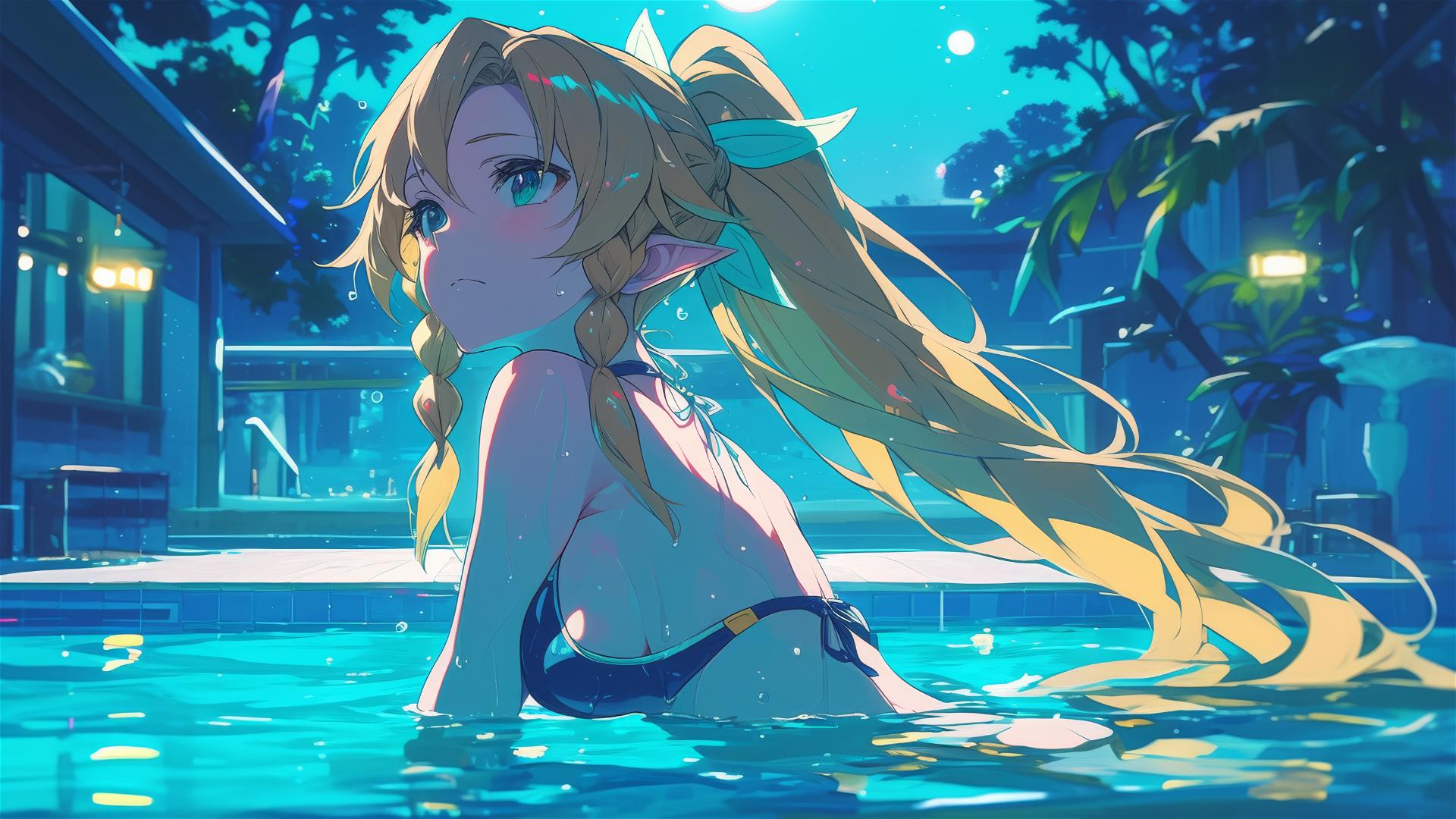 Leafa from Sword Art Online standing in a pool under moonlight