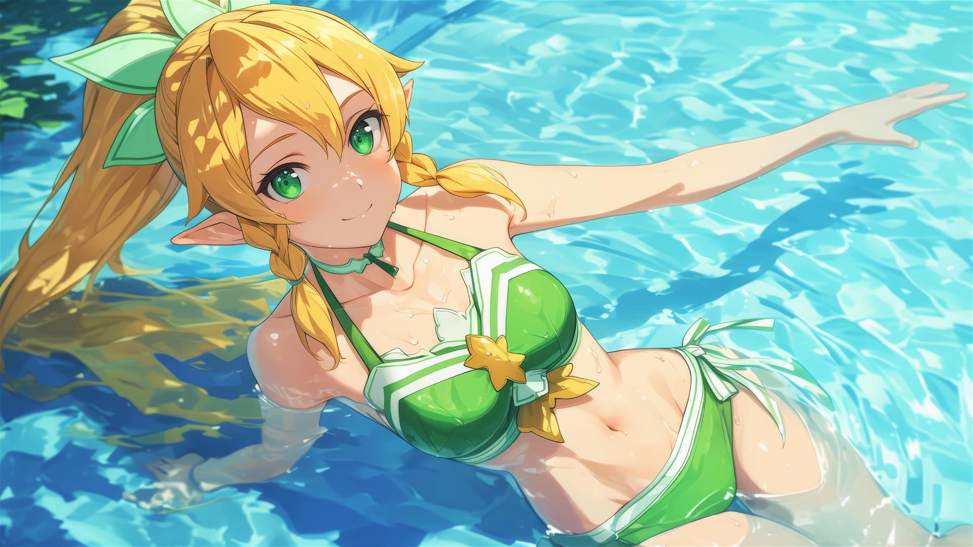 Leafa from SAO standing in a pool under moonlight