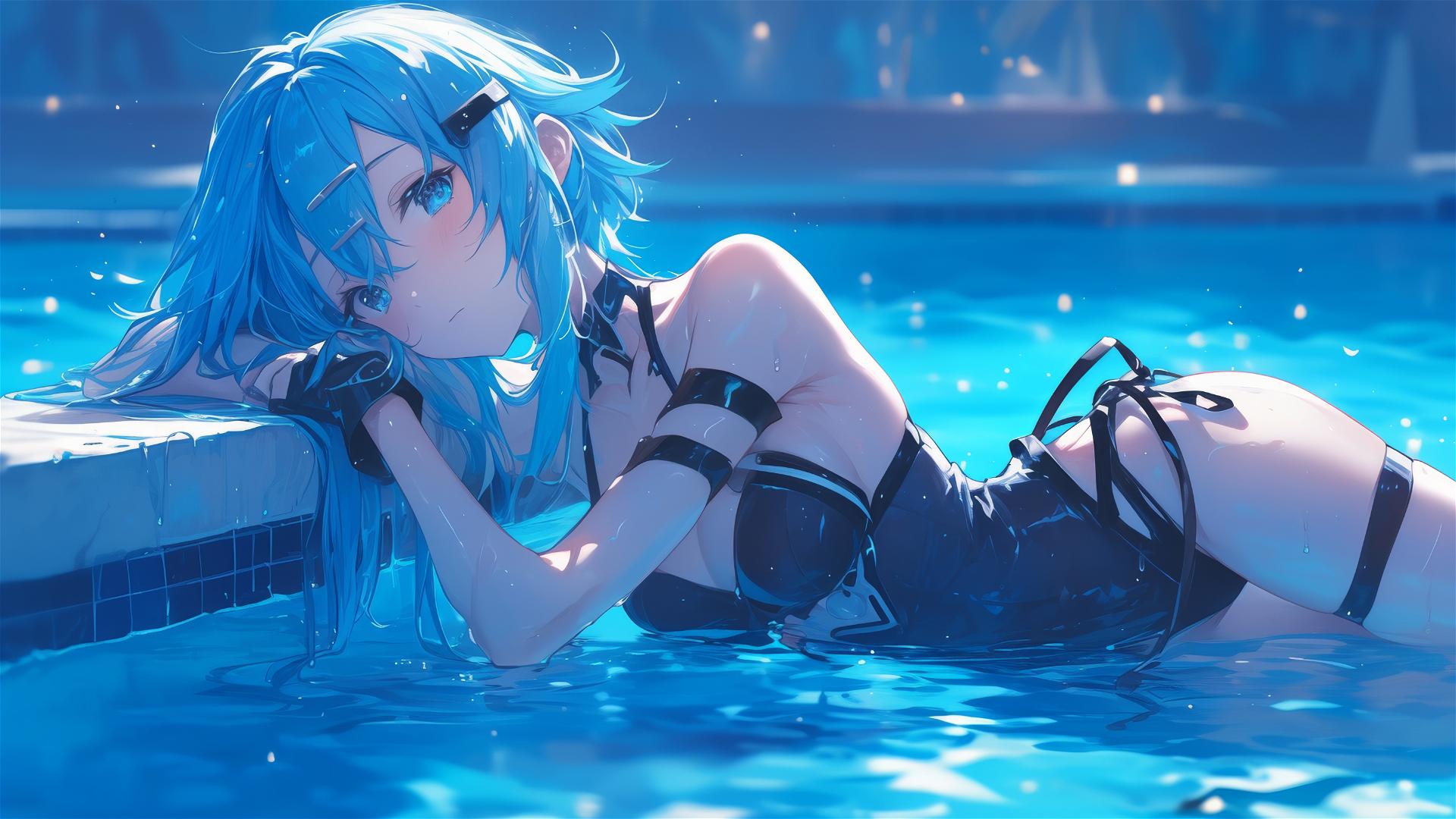 Sinon from Sword Art Online resting by a pool under moonlight
