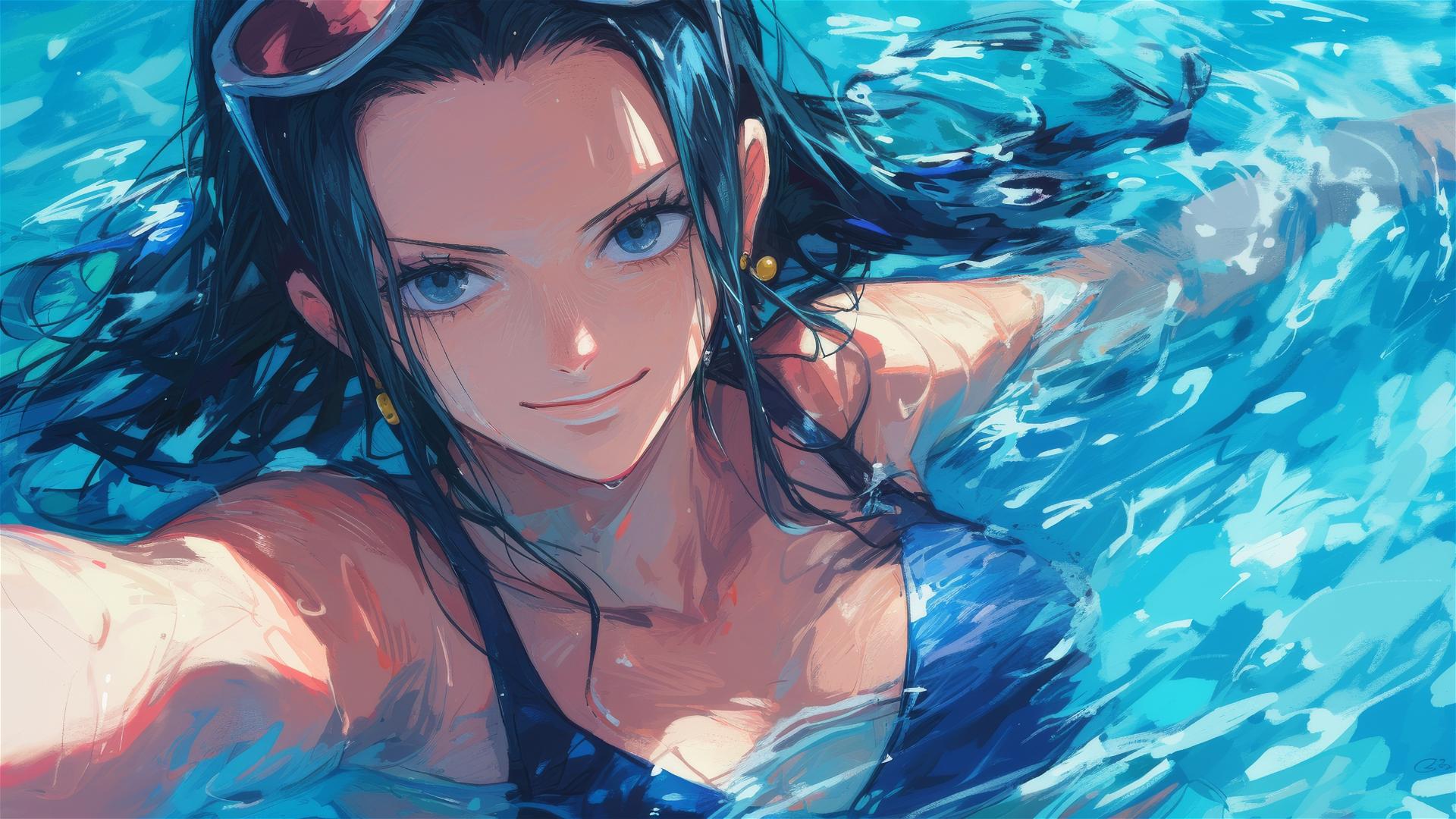 Nico Robin from One Piece swimming in the pool under moonlight