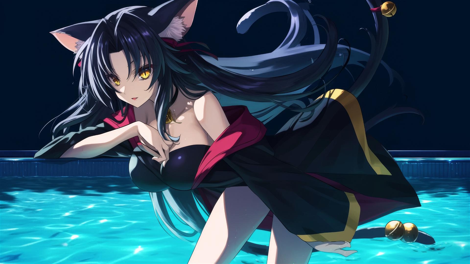 Kuroka from High School DxD swimming in moonlit pool