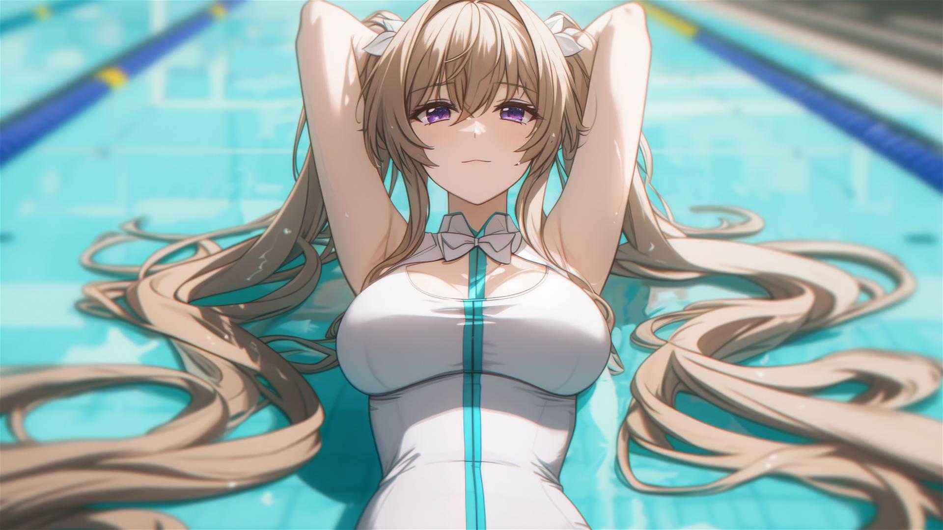 Irina Shidou resting by pool under moonlight with twintails and violet eyes