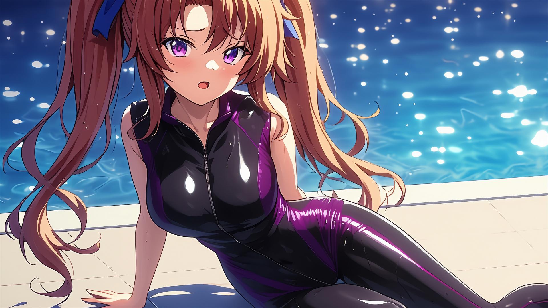 Irina Shidou resting by pool with moonlight glow, violet eyes, and twintail hair