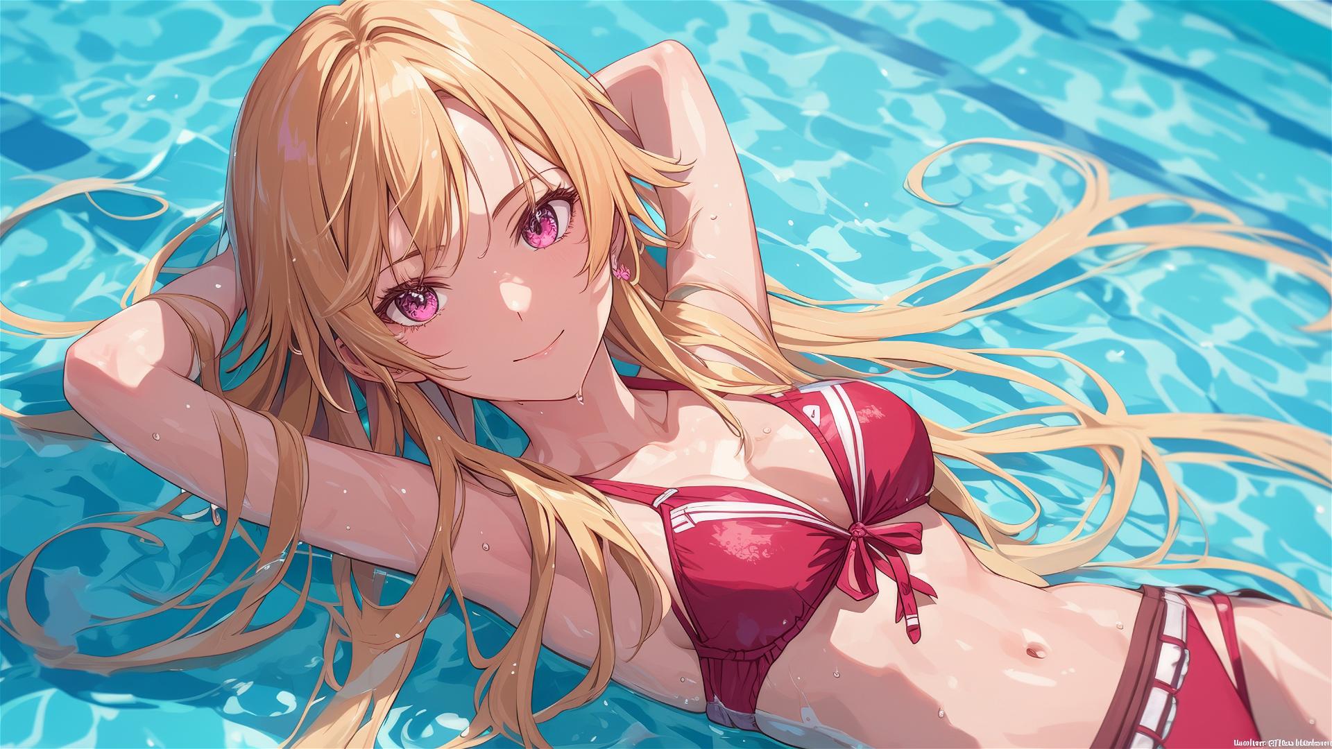 Erina Nakiri from Food Wars, moonlit swim with pink-purple eyes, long blonde hair