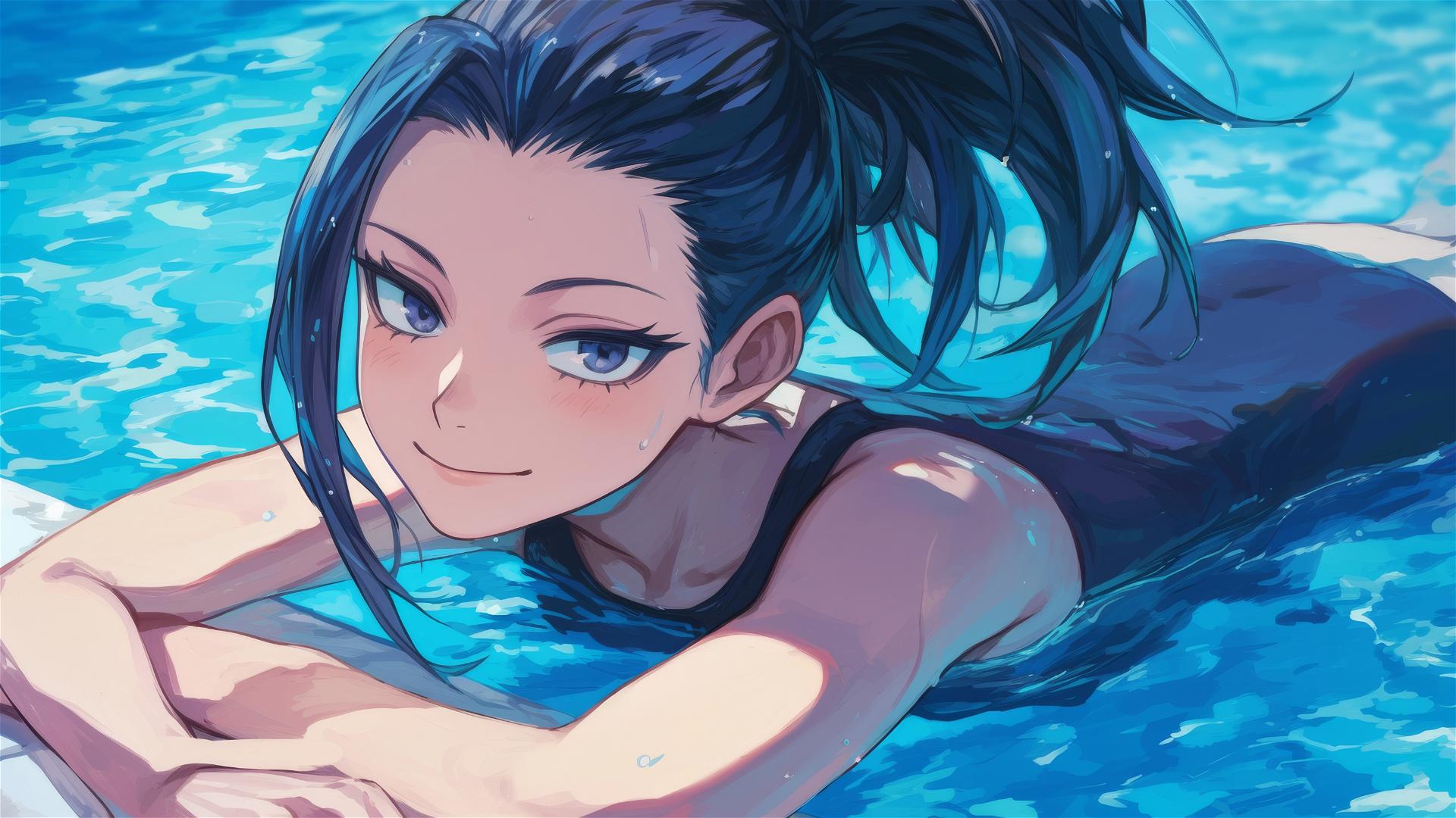 Momo Yaoyorozu from My Hero Academia swims in moonlit pool