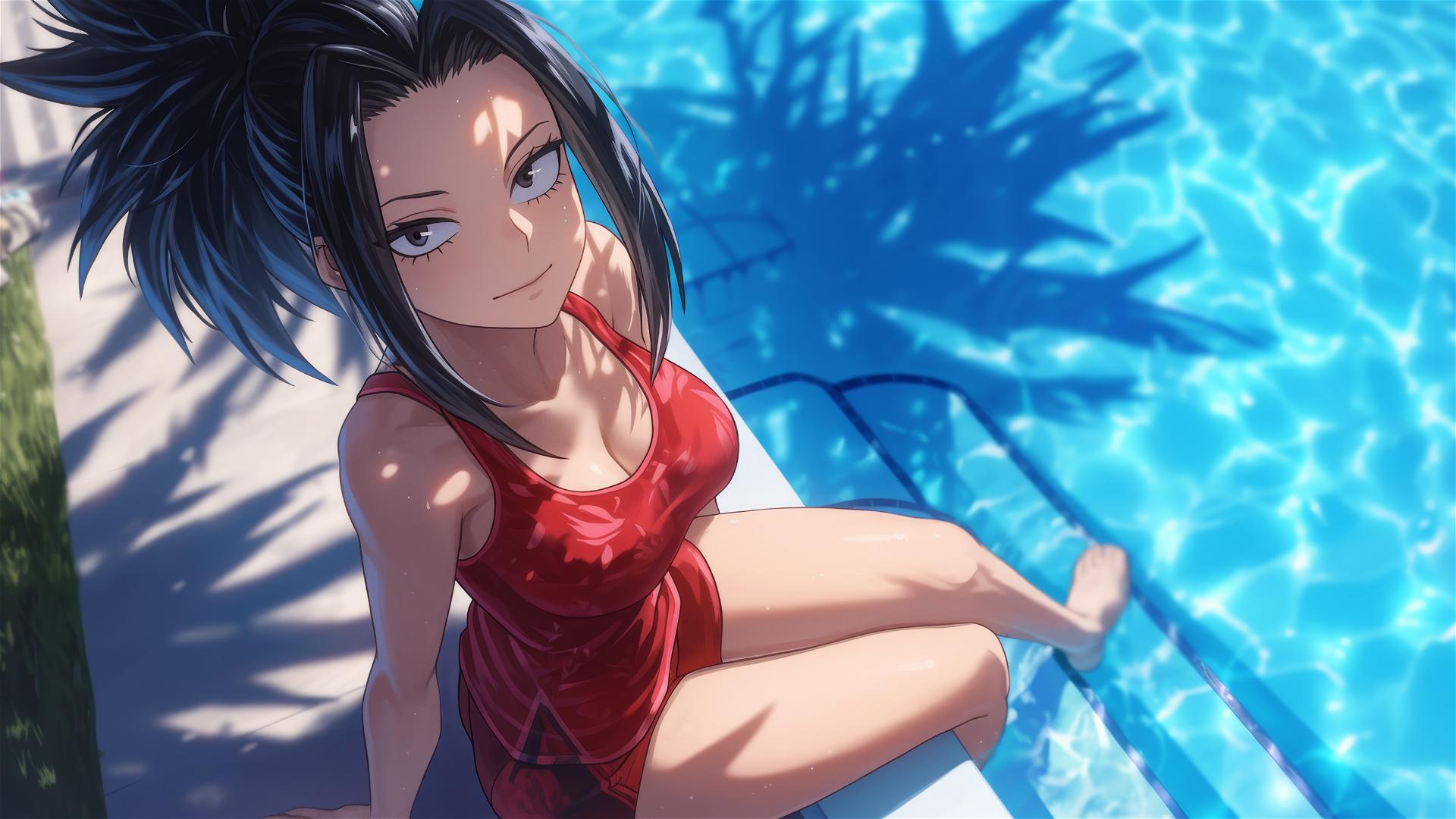 Momo Yaoyorozu resting by pool in moonlight