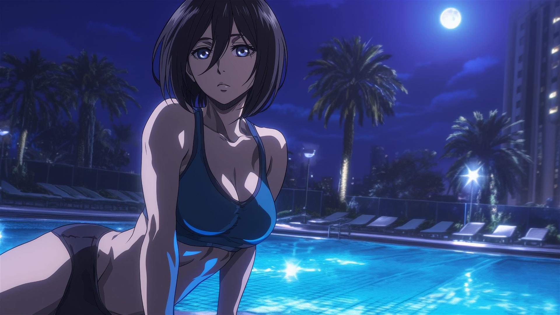 Mikasa Ackerman from Attack on Titan resting by the pool under moonlight