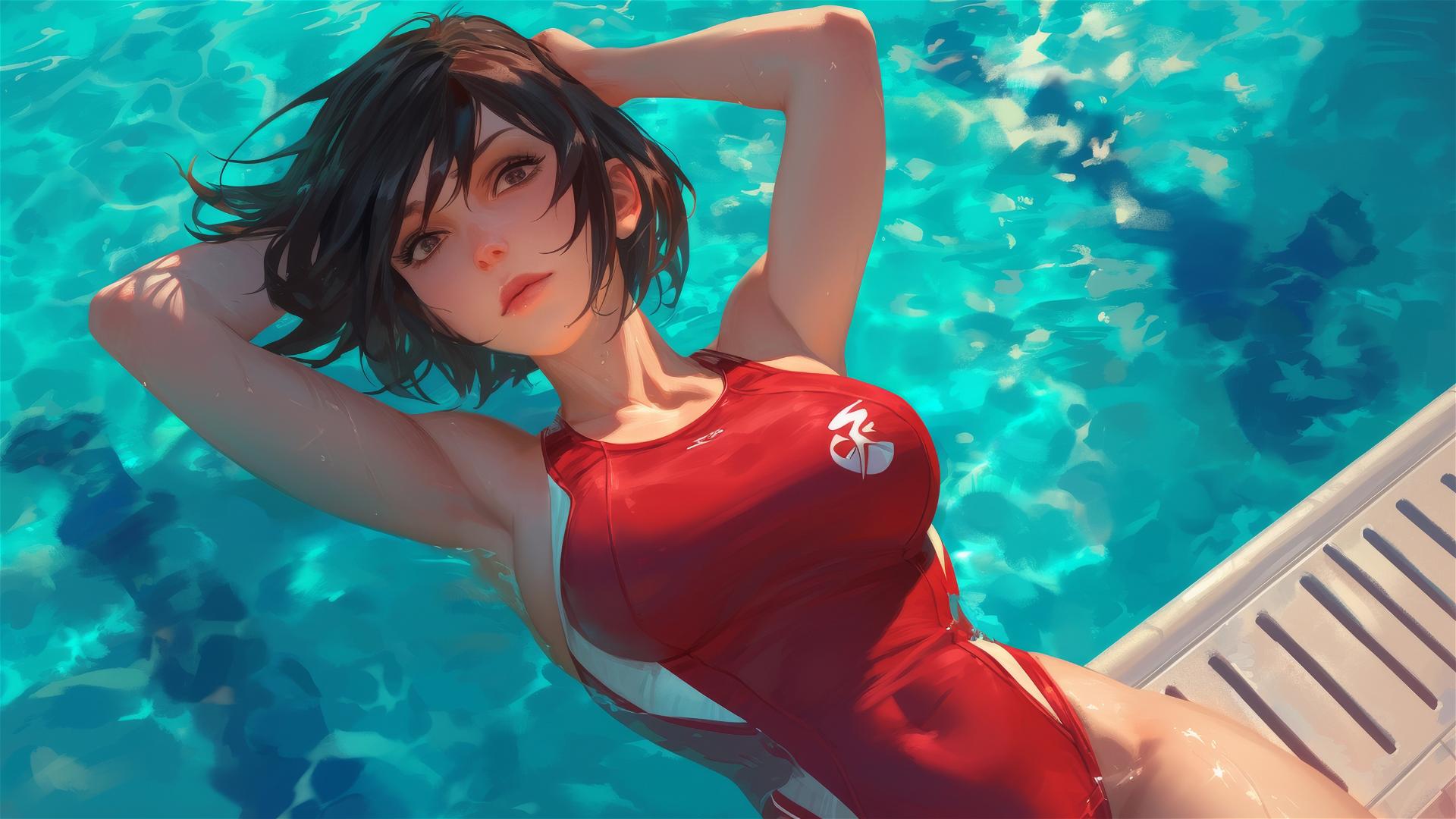Mikasa Ackerman resting by pool in moonlight