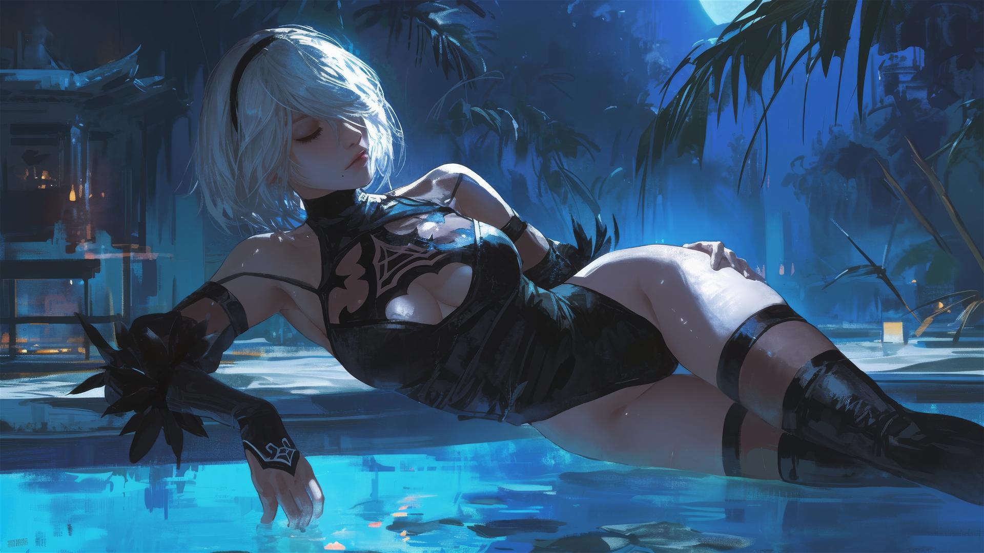 2B from Nier resting by the pool under moonlight