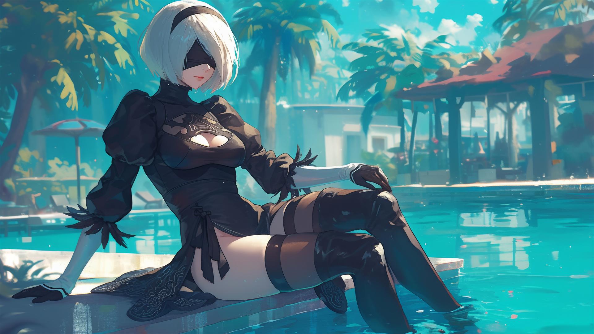 2B from Nier resting by the pool under moonlight