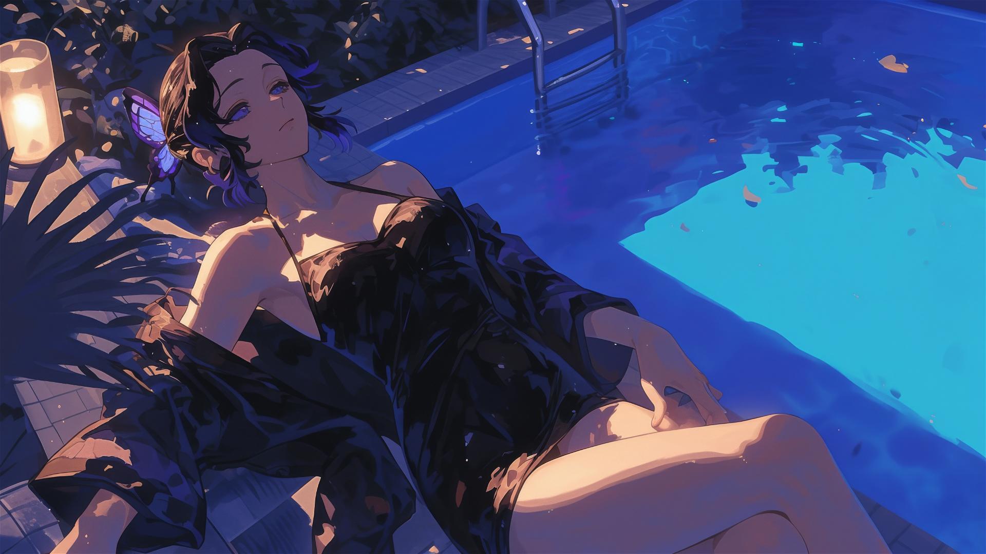 Shinobu Kocho from Demon Slayer resting by pool under moonlight