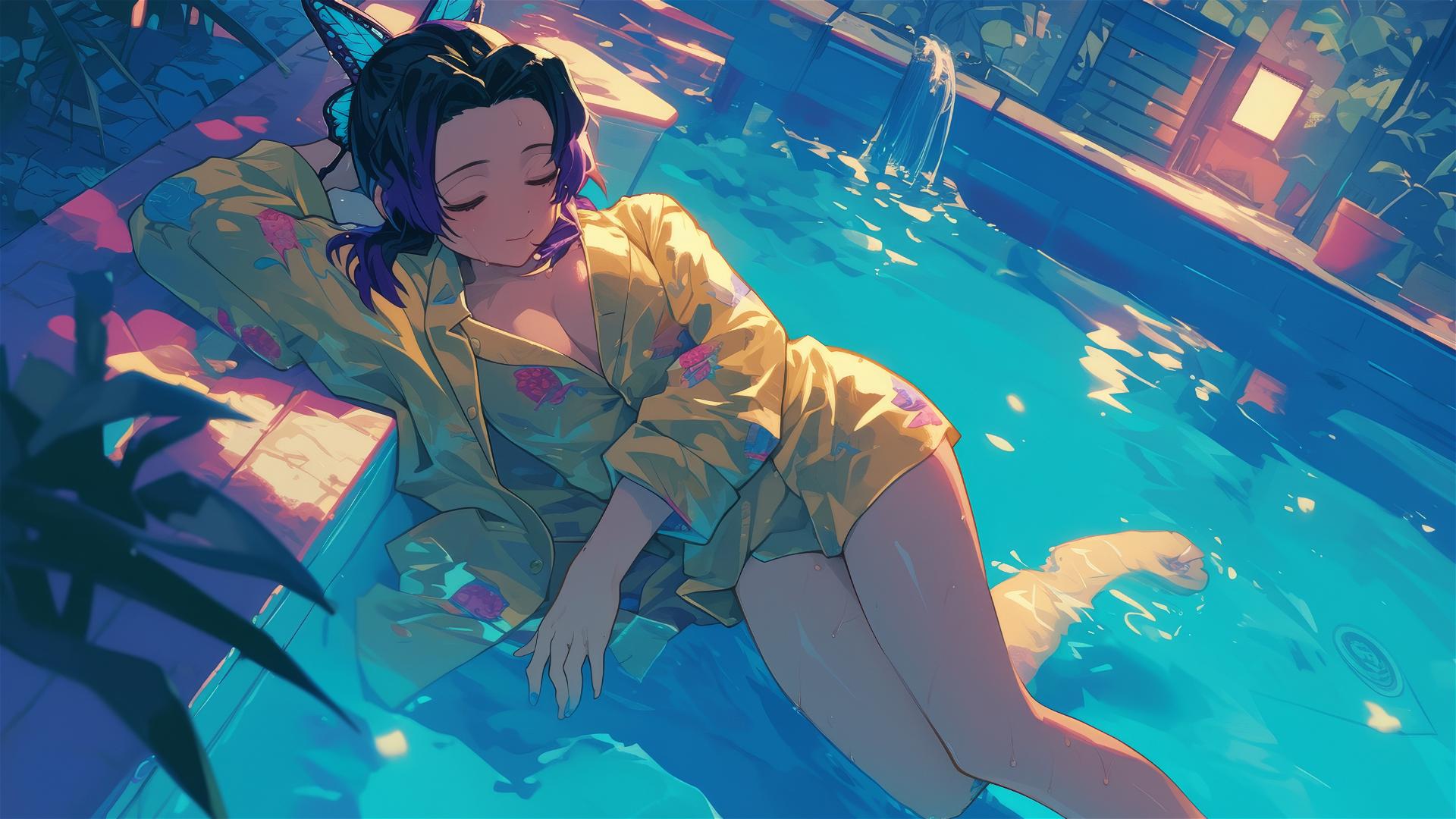 Shinobu Kocho in silk pajamas by poolside under moonlight