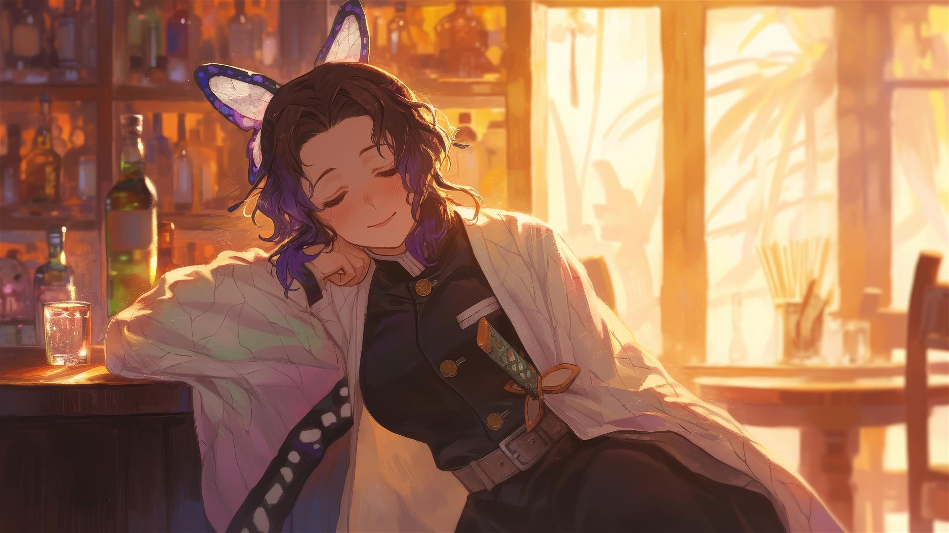 Shinobu Kocho from Demon Slayer lounging at a dimly lit bar with soft morning glow