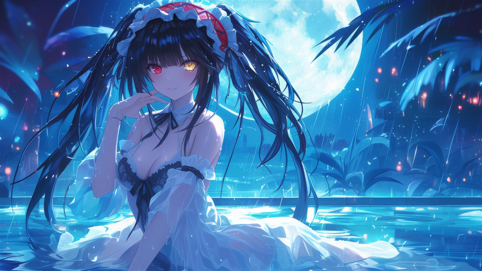 Kurumi Tokisaki from Date A Live at rainy pool under moonlight, red and yellow eyes