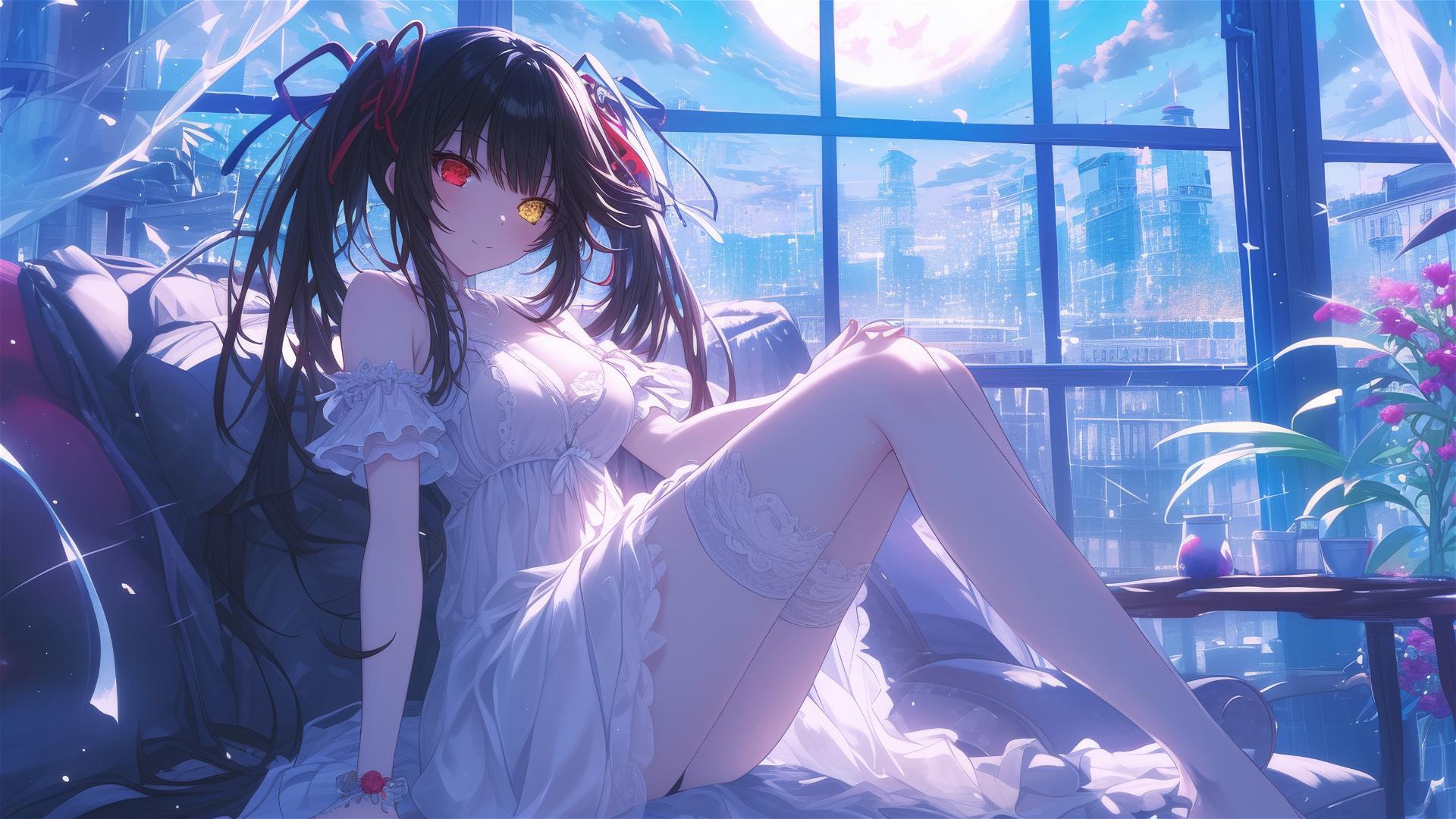 Kurumi Tokisaki resting in her apartment, moonlight on her white dress, red and yellow eyes