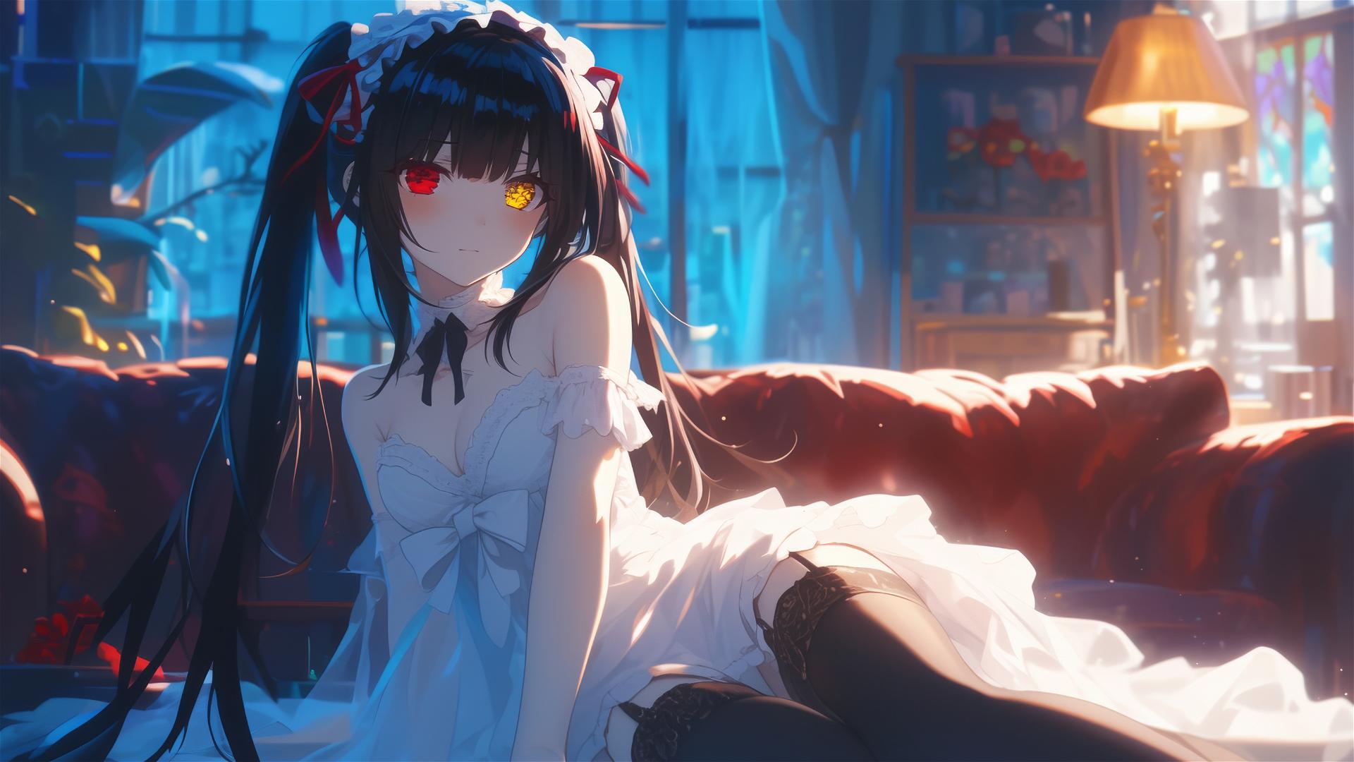 Kurumi Tokisaki resting under moonlight with contrasting eyes