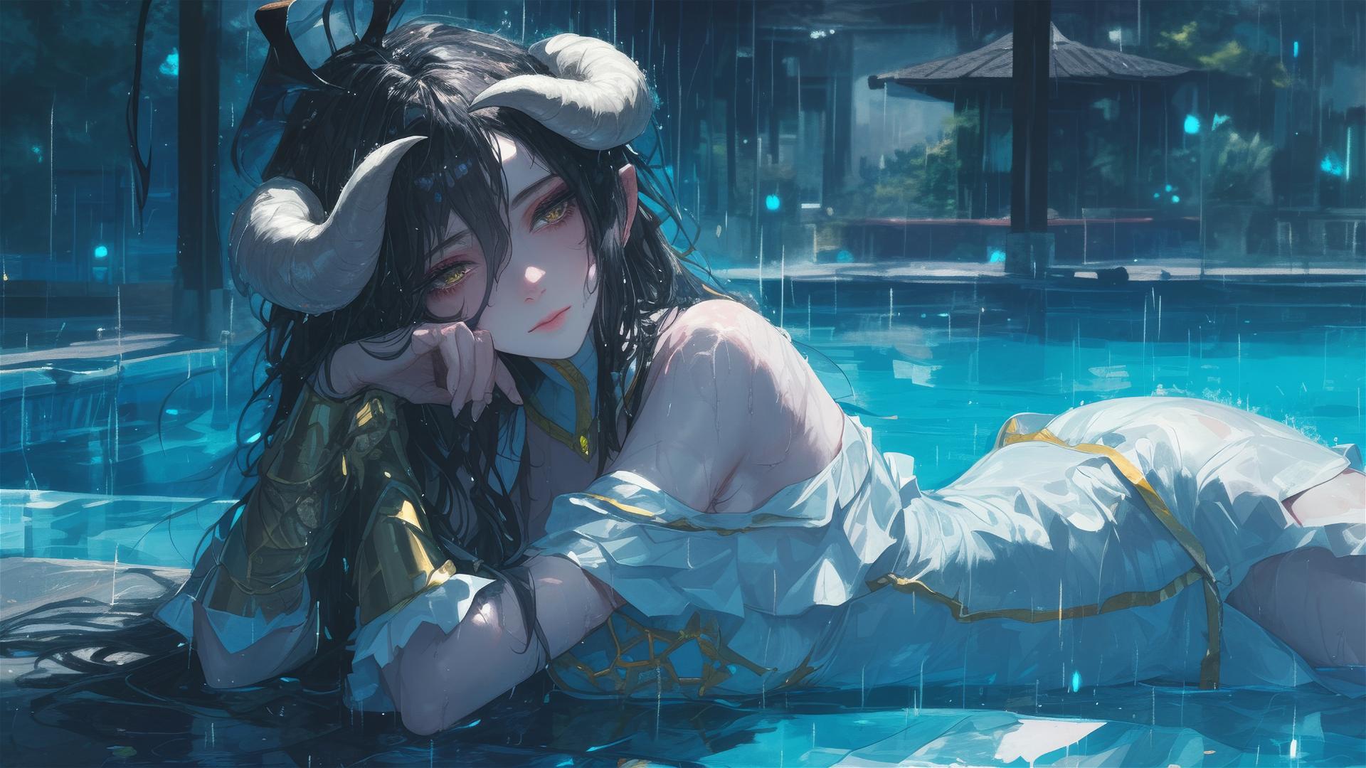 Albedo from Overlord as a bunny girl in a pool on a rainy night with moonlight shining on her
