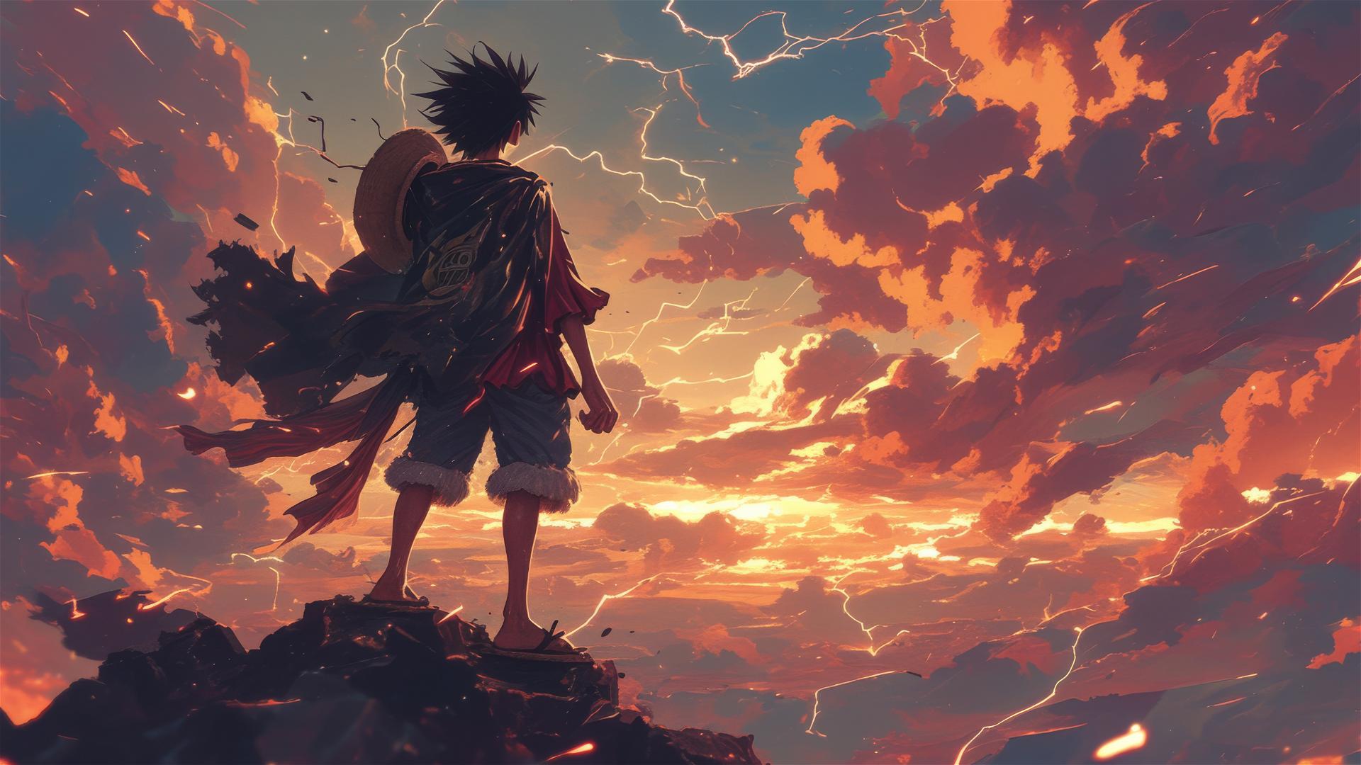 Luffy stands on cliff facing storm with lightning