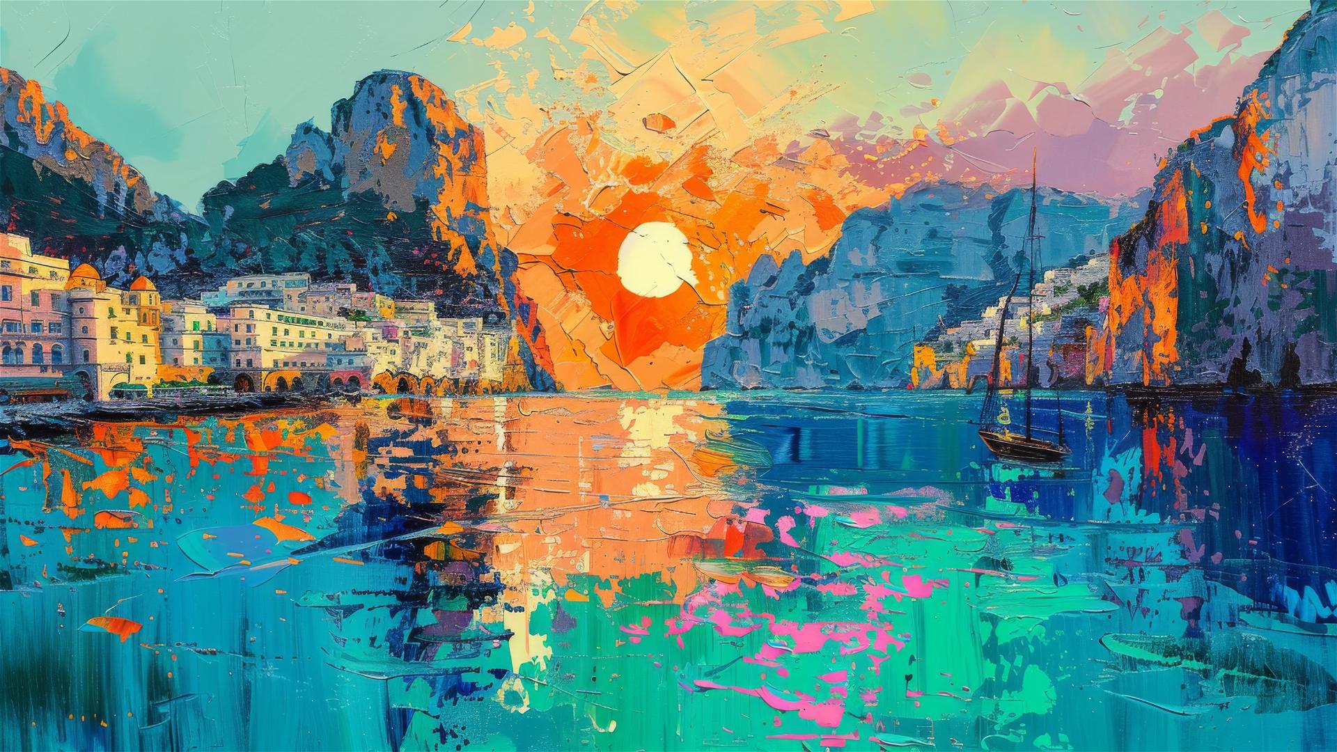 Abstract oil interpretation of the Amalfi Coast with neon splashes in Nielly style