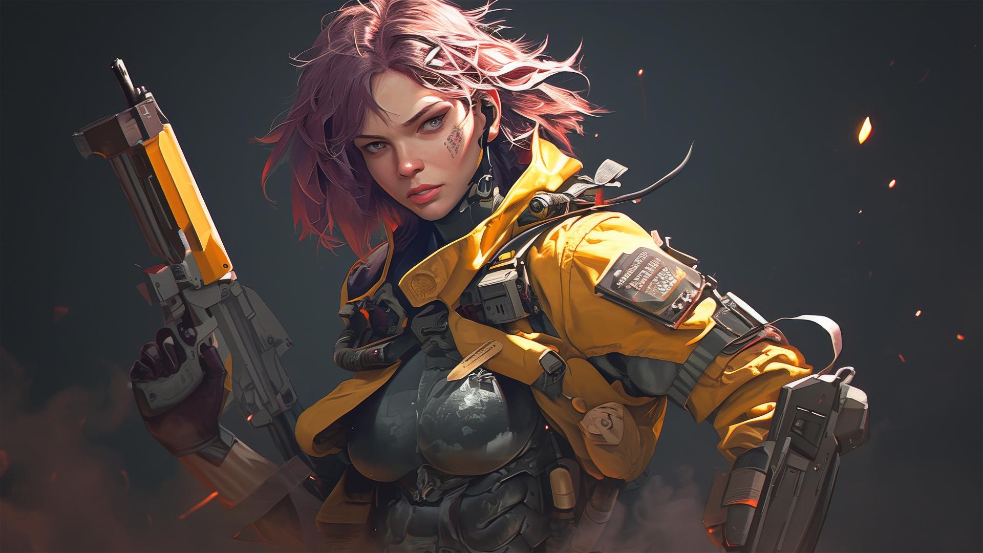 Space Marine Girl with a dark background in a dynamic pose and spotlight effect
