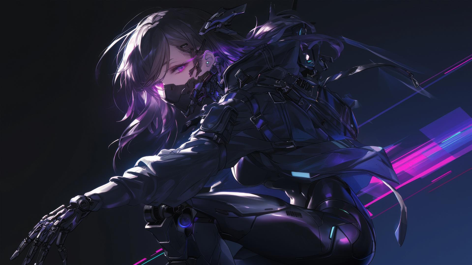 Cyberpunk Girl in dynamic pose with thigh focus against dark background