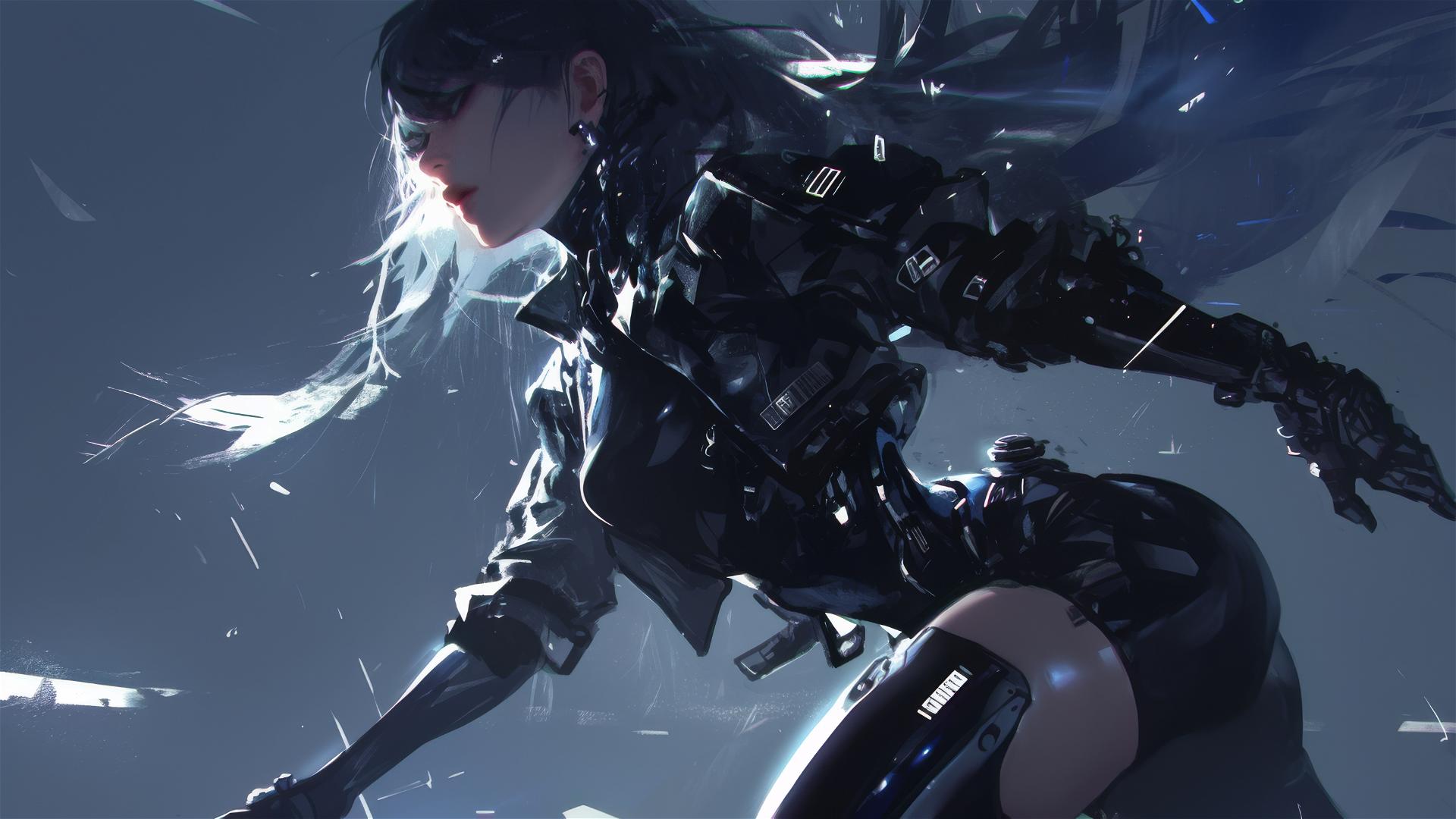 Cyberpunk girl in dynamic pose with thigh focus and spotlight effect on dark background