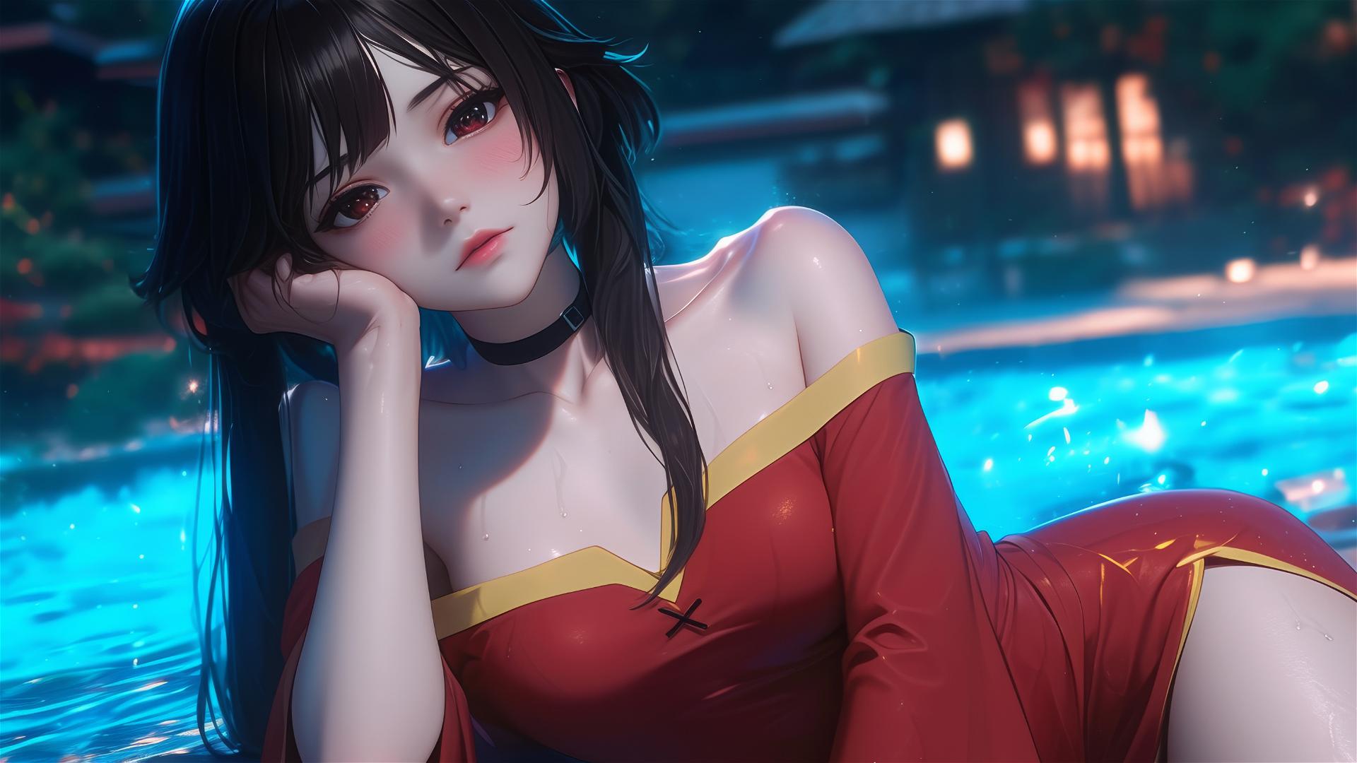 Megumin from KonoSuba resting by a pool under moonlight in the rain