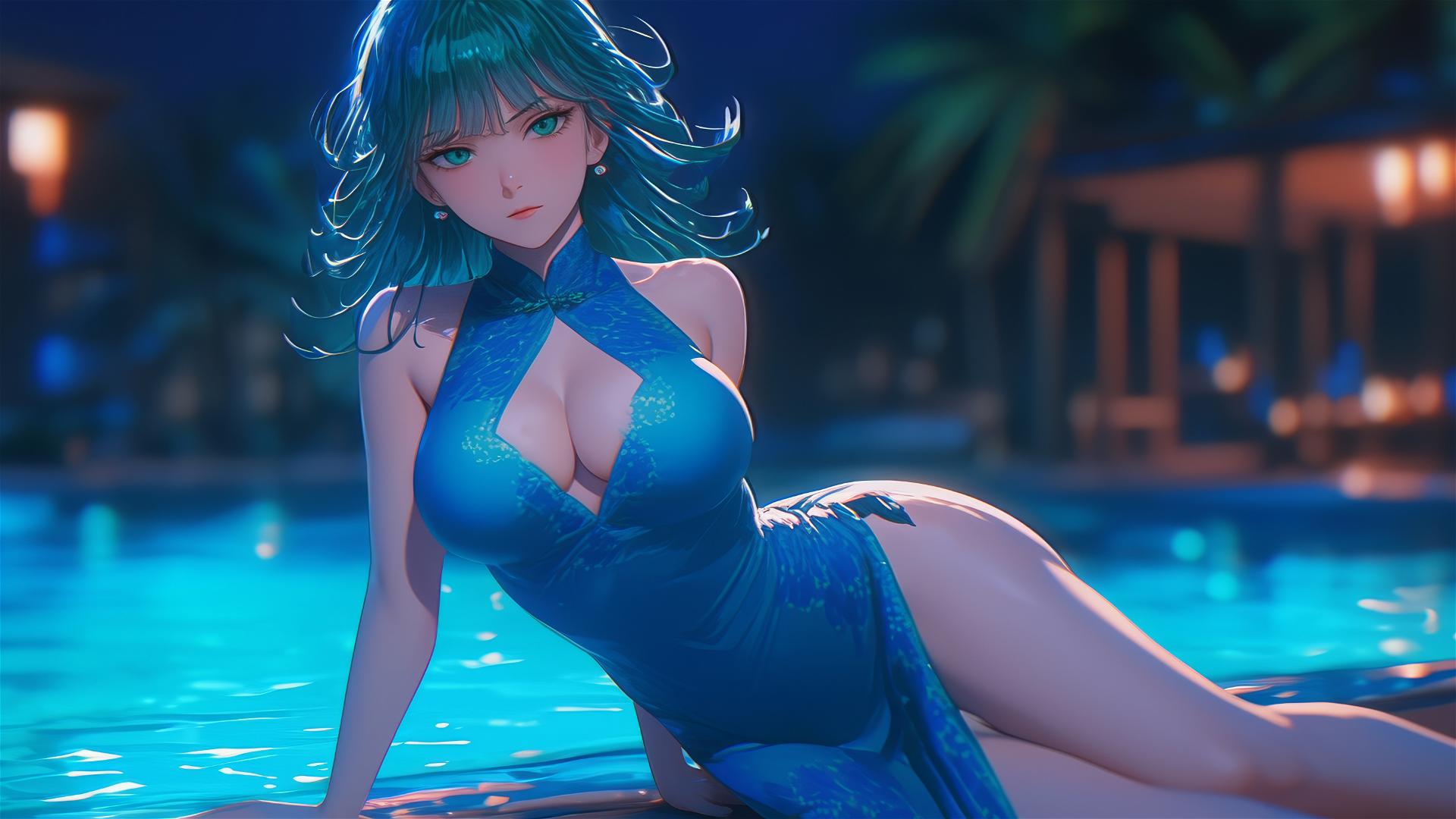 Tatsumaki from One-Punch Man resting by pool under moonlight