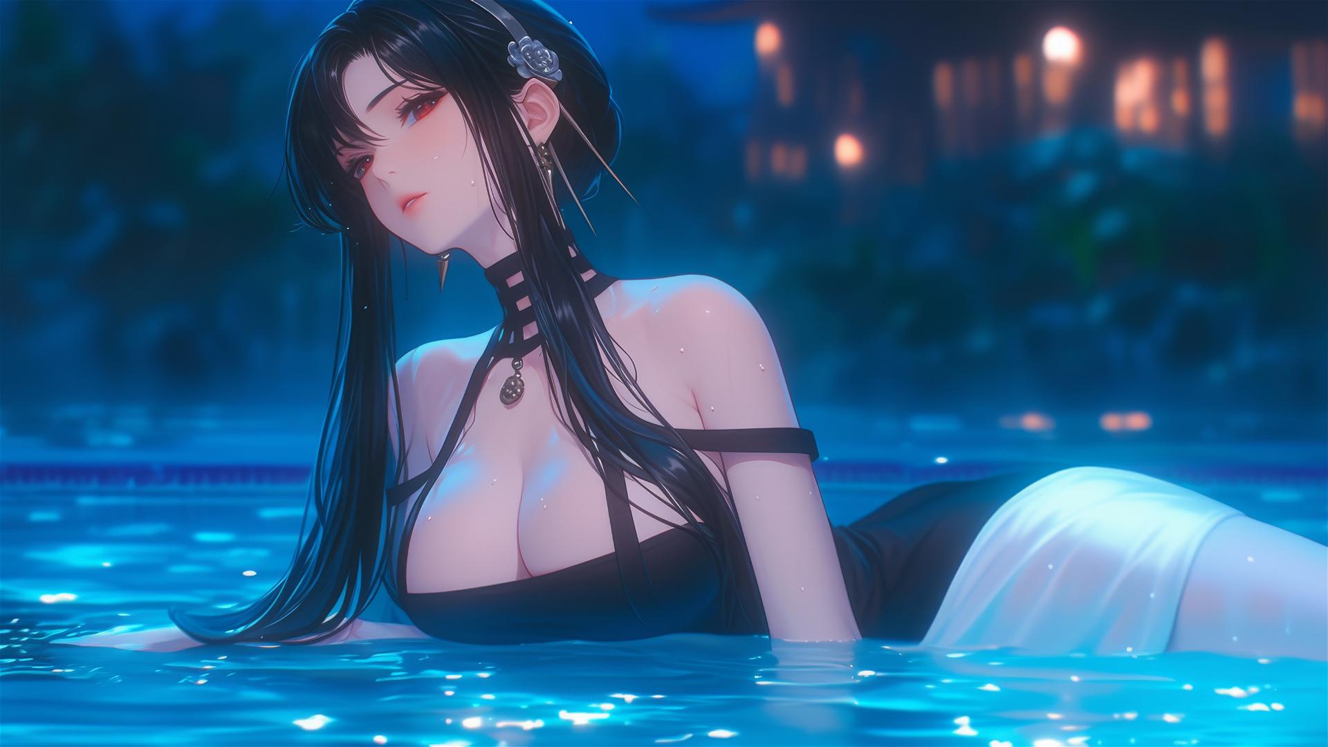 Yor Forger from Spy x Family resting by a pool under moonlight