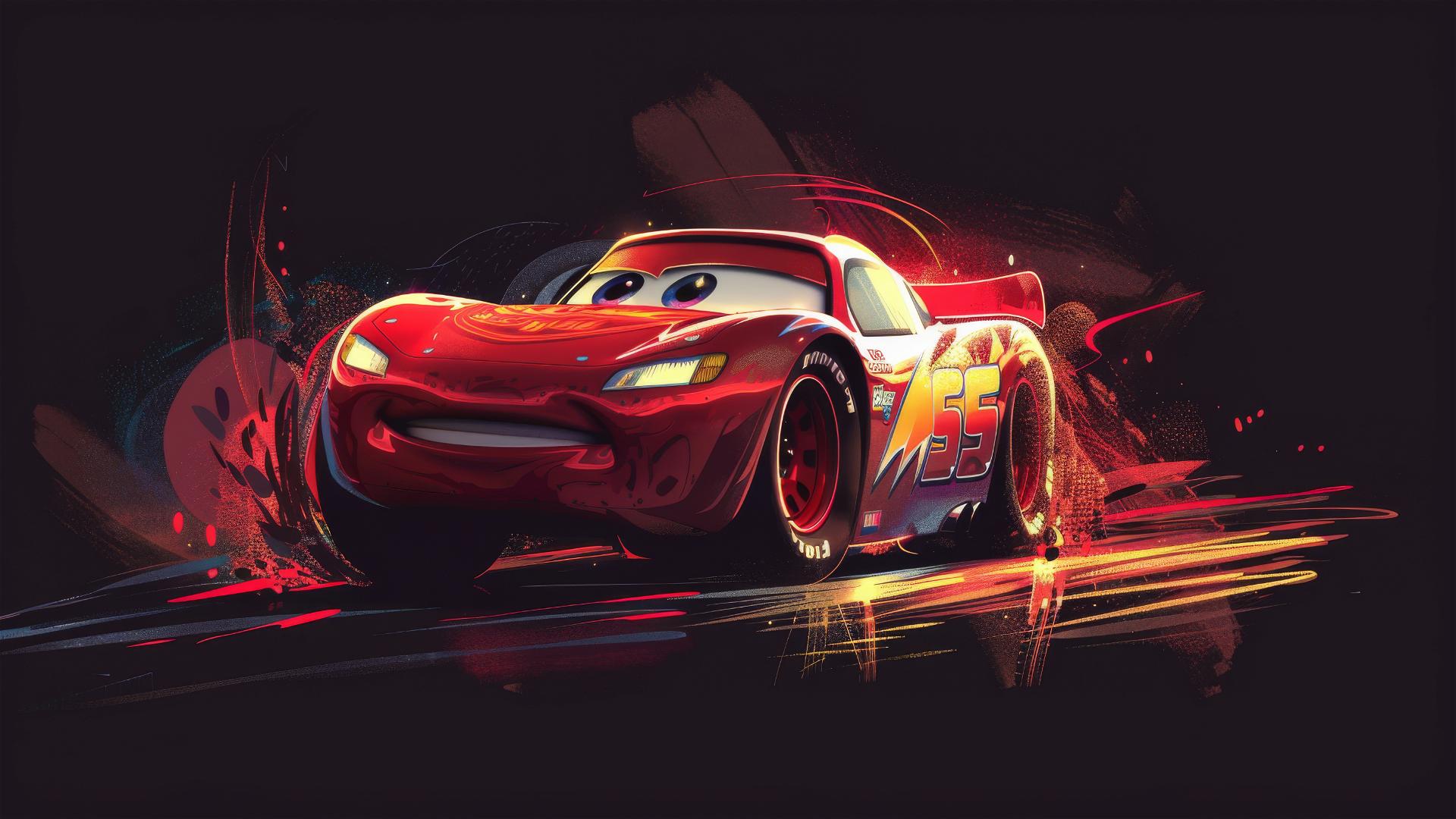 Lightning McQueen drawing with a spotlight on dark background, styled like Pixar