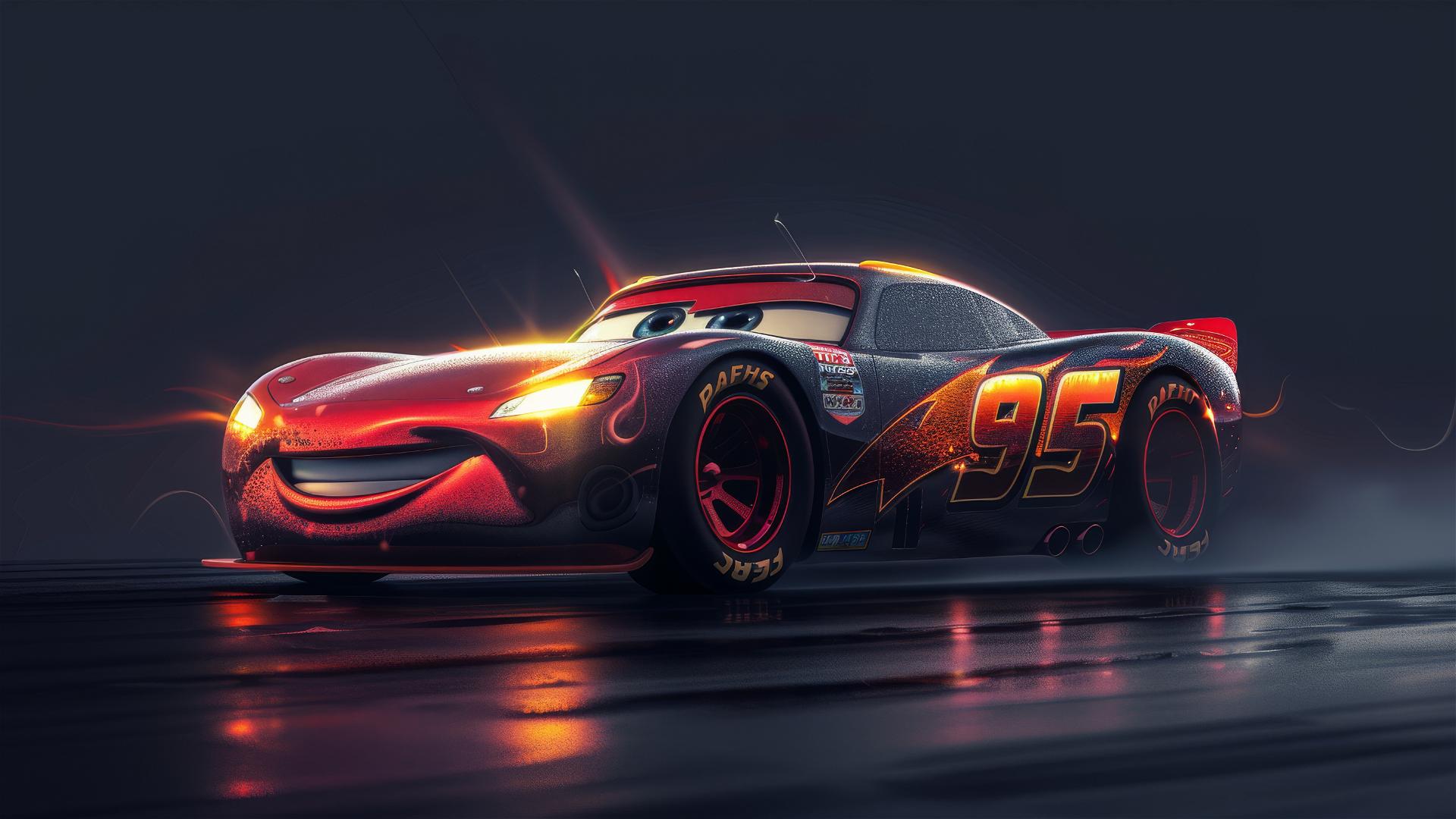 Isolated Lightning McQueen in a Harry Potter style with a dark background and Pixar-inspired spotlight