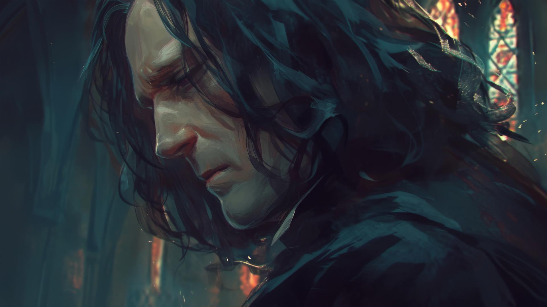 Artistic illustration of Severus Snape from Harry Potter with a dark background and spotlight effect, conveying loneliness and heartbreak.
